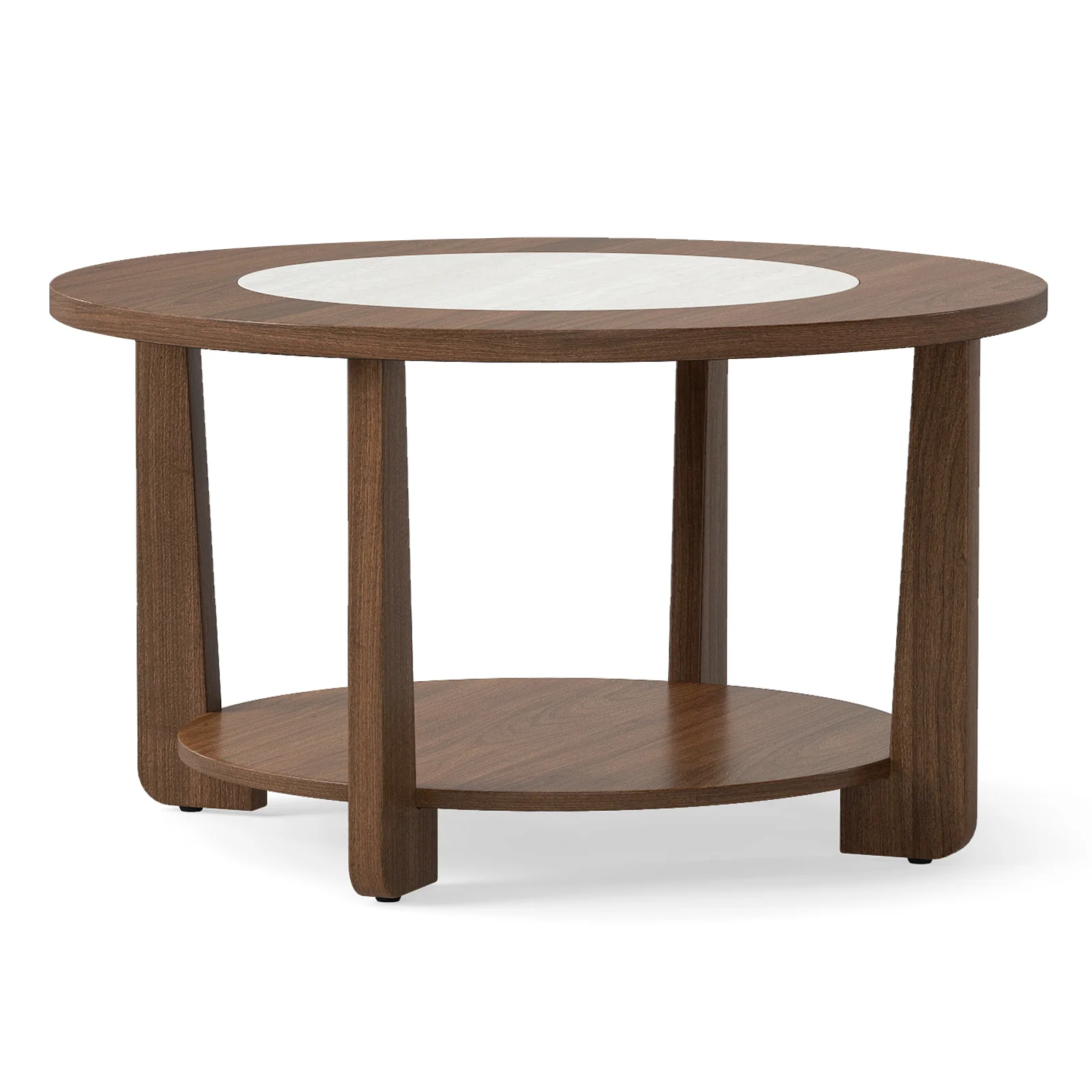 Farmhouse Round Coffee Table, With 2-Tone Tabletop And Open Storage Shelf, Brown