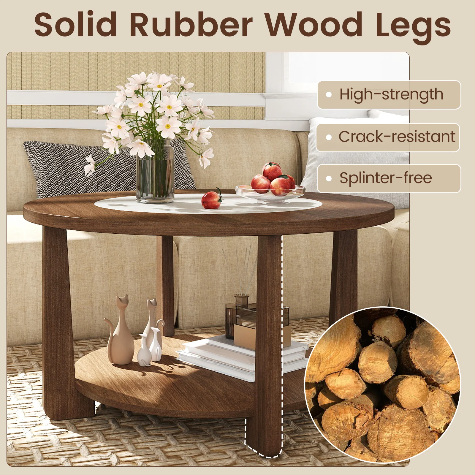 Farmhouse Round Coffee Table, With 2-Tone Tabletop And Open Storage Shelf, Brown - Image 10