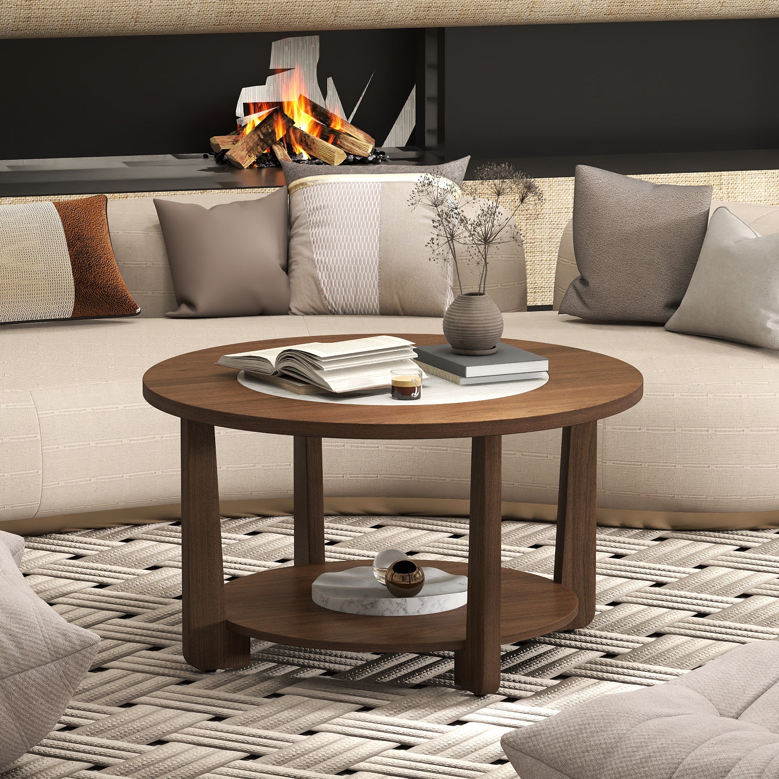 Farmhouse Round Coffee Table, With 2-Tone Tabletop And Open Storage Shelf, Brown - Image 2