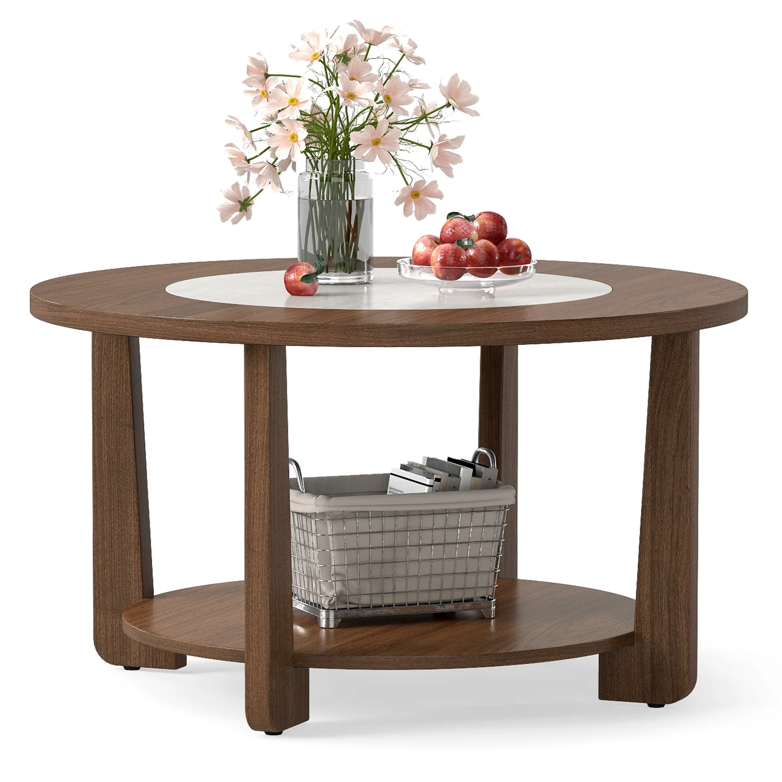 Farmhouse Round Coffee Table, With 2-Tone Tabletop And Open Storage Shelf, Brown - Image 5