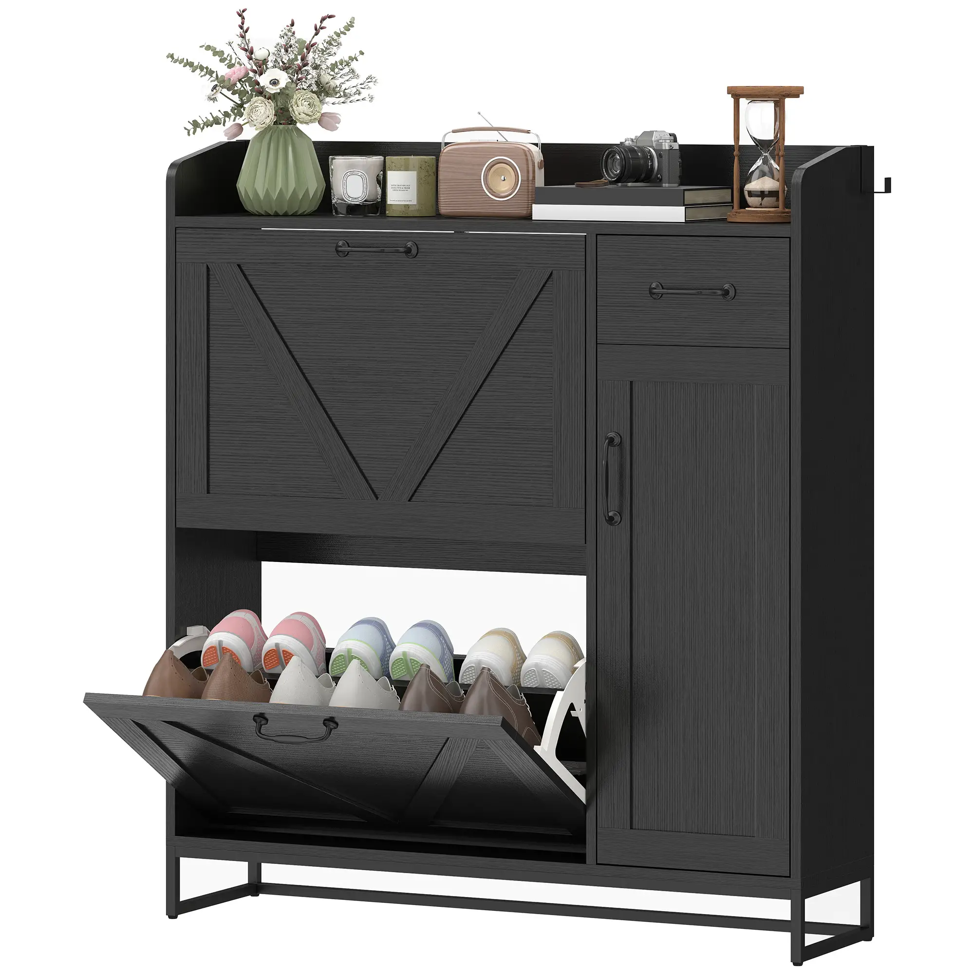 Farmhouse Shoe Storage Cabinet, Side Cabinet, Adjustable Shelves, Black