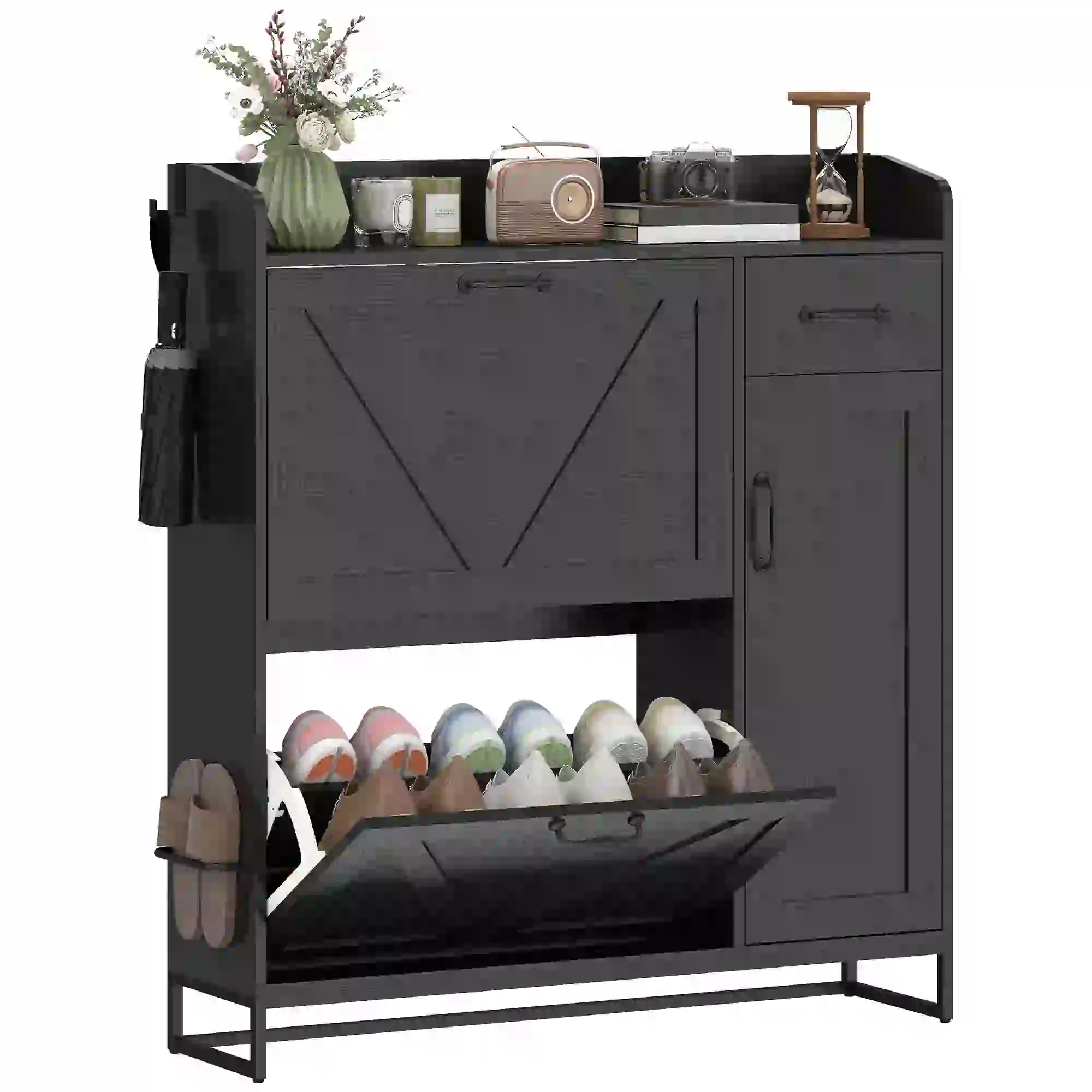 Farmhouse Shoe Storage Cabinet, Side Cabinet, Adjustable Shelves, Black - Image 11