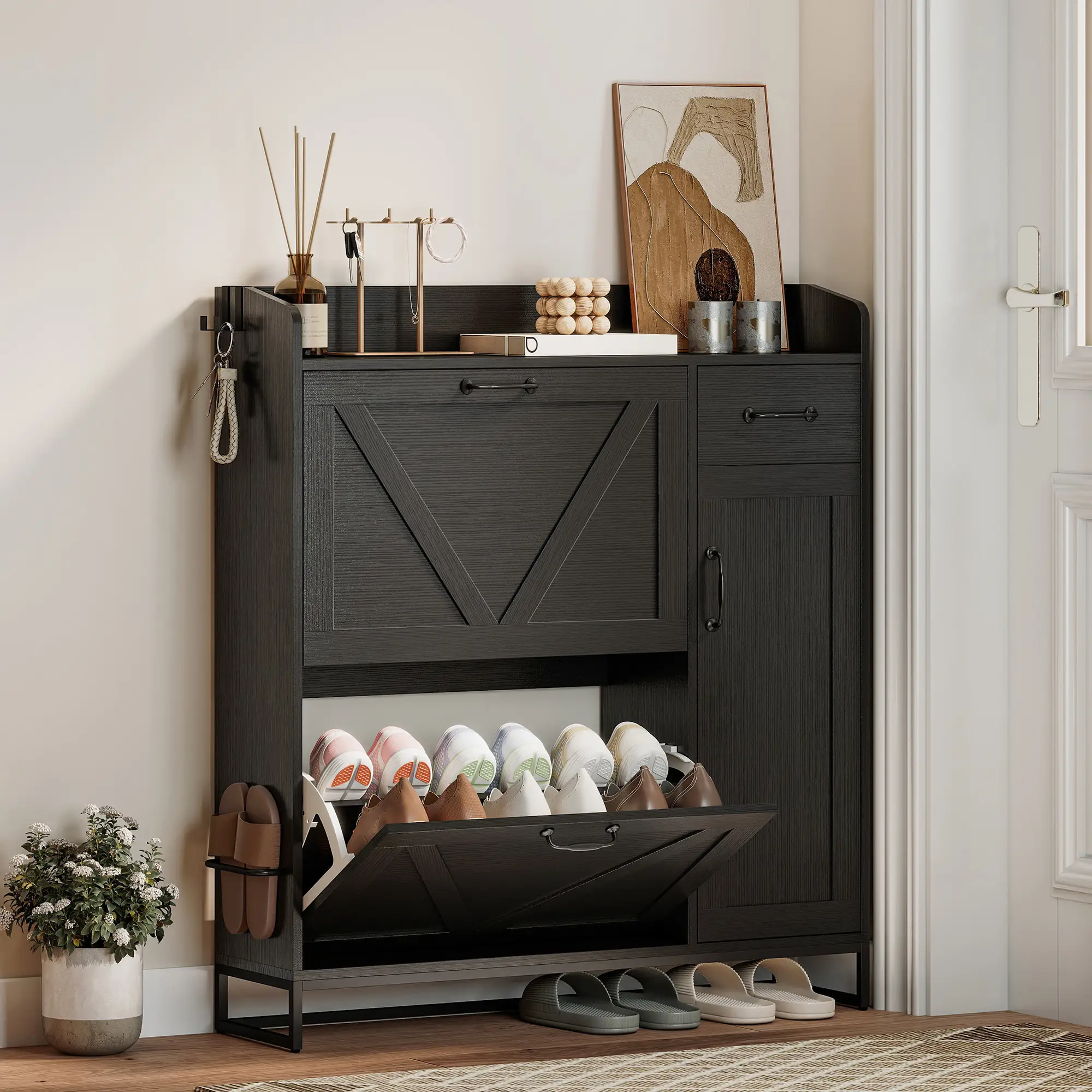 Farmhouse Shoe Storage Cabinet, Side Cabinet, Adjustable Shelves, Black - Image 2