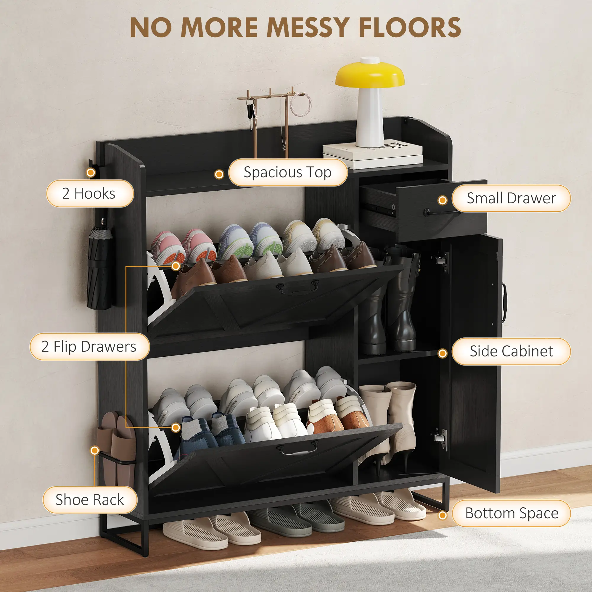 Farmhouse Shoe Storage Cabinet, Side Cabinet, Adjustable Shelves, Black - Image 4