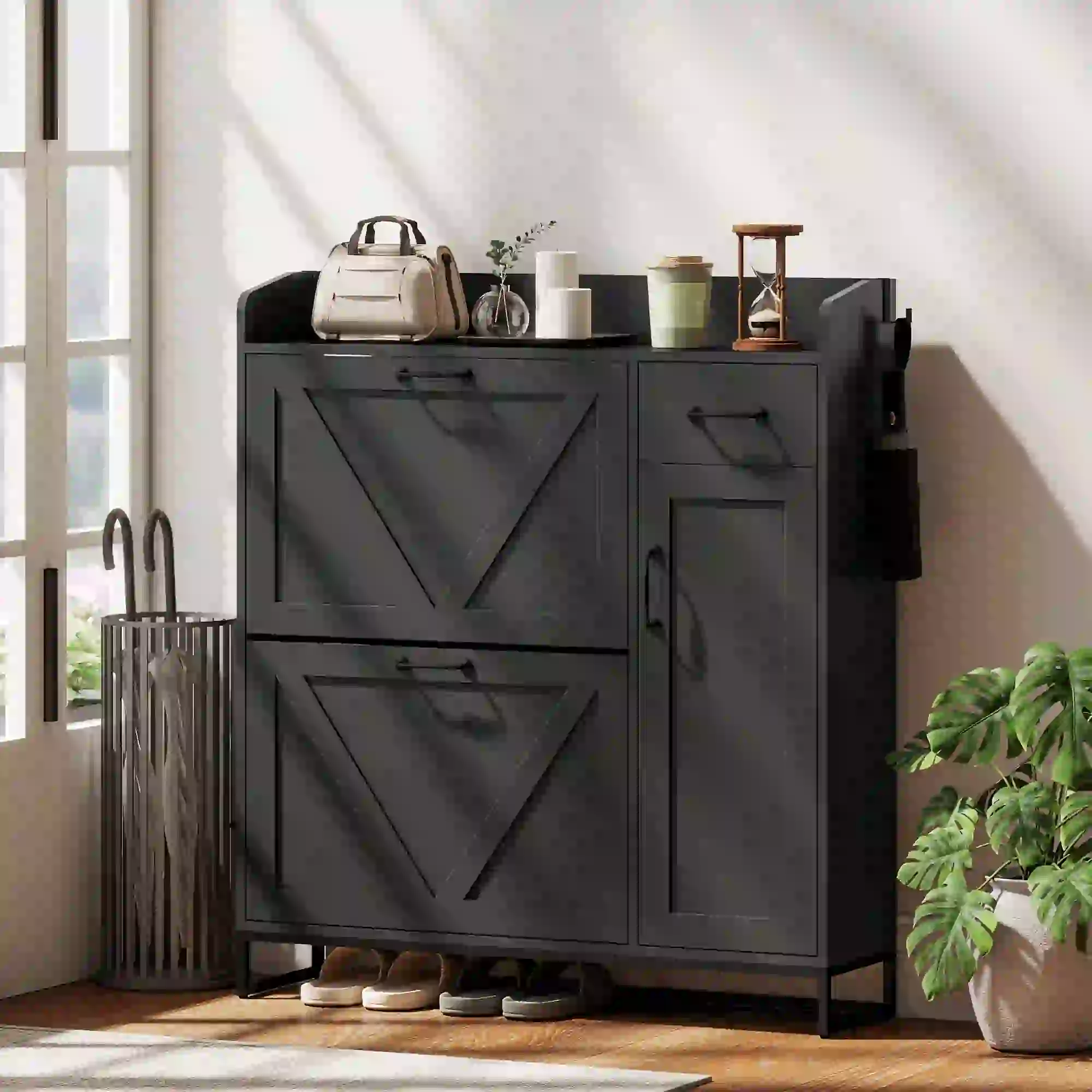 Farmhouse Shoe Storage Cabinet, Side Cabinet, Adjustable Shelves, Black - Image 8