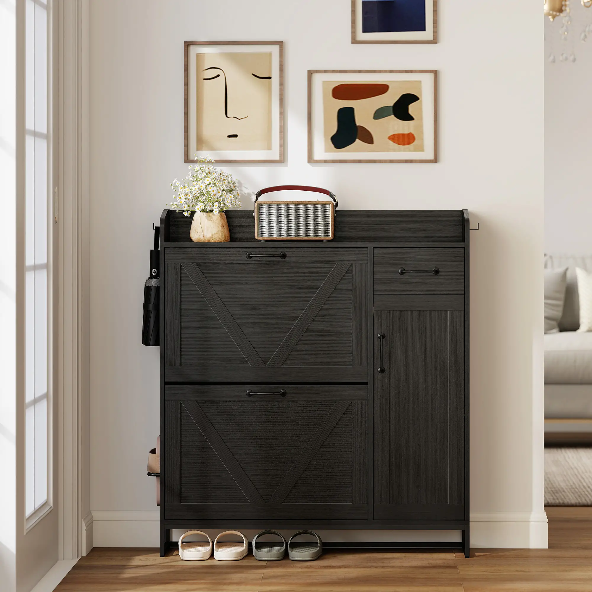 Farmhouse Shoe Storage Cabinet, Side Cabinet, Adjustable Shelves, Black - Image 9