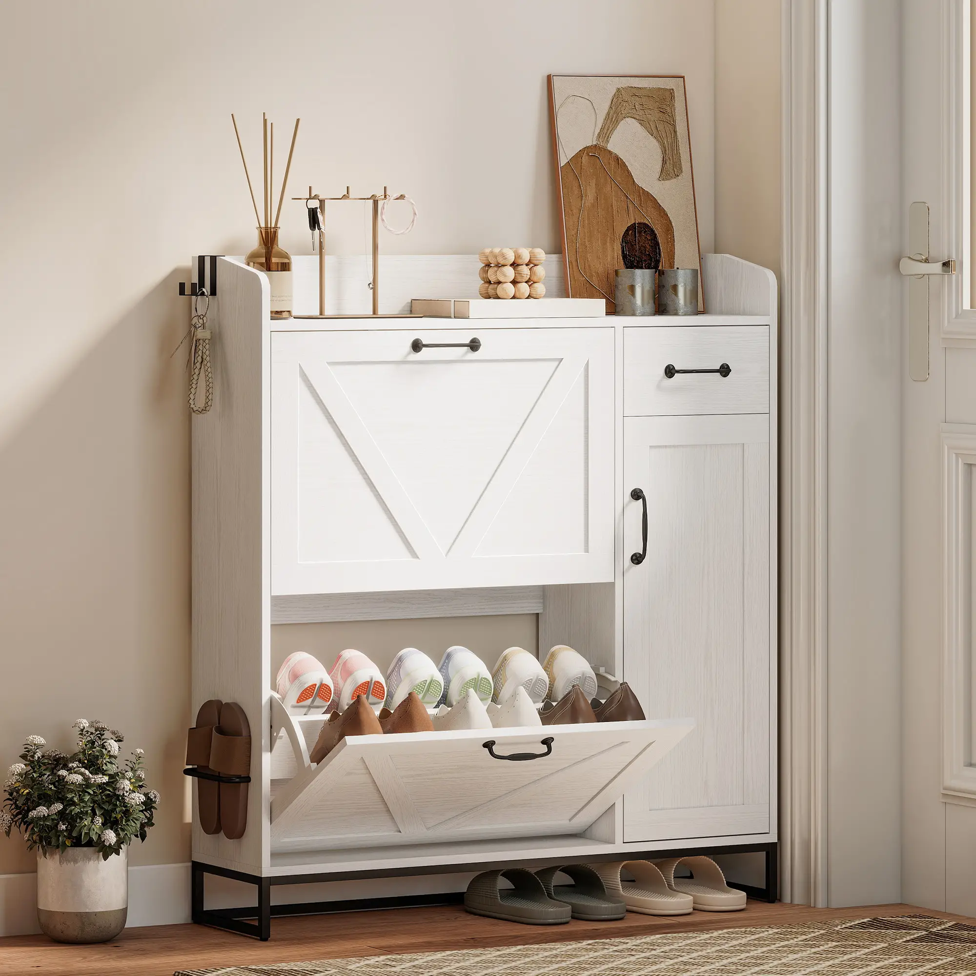 Farmhouse Shoe Storage Cabinet, Holds 12 Pairs, Adjustable Shelves, White - Image 2