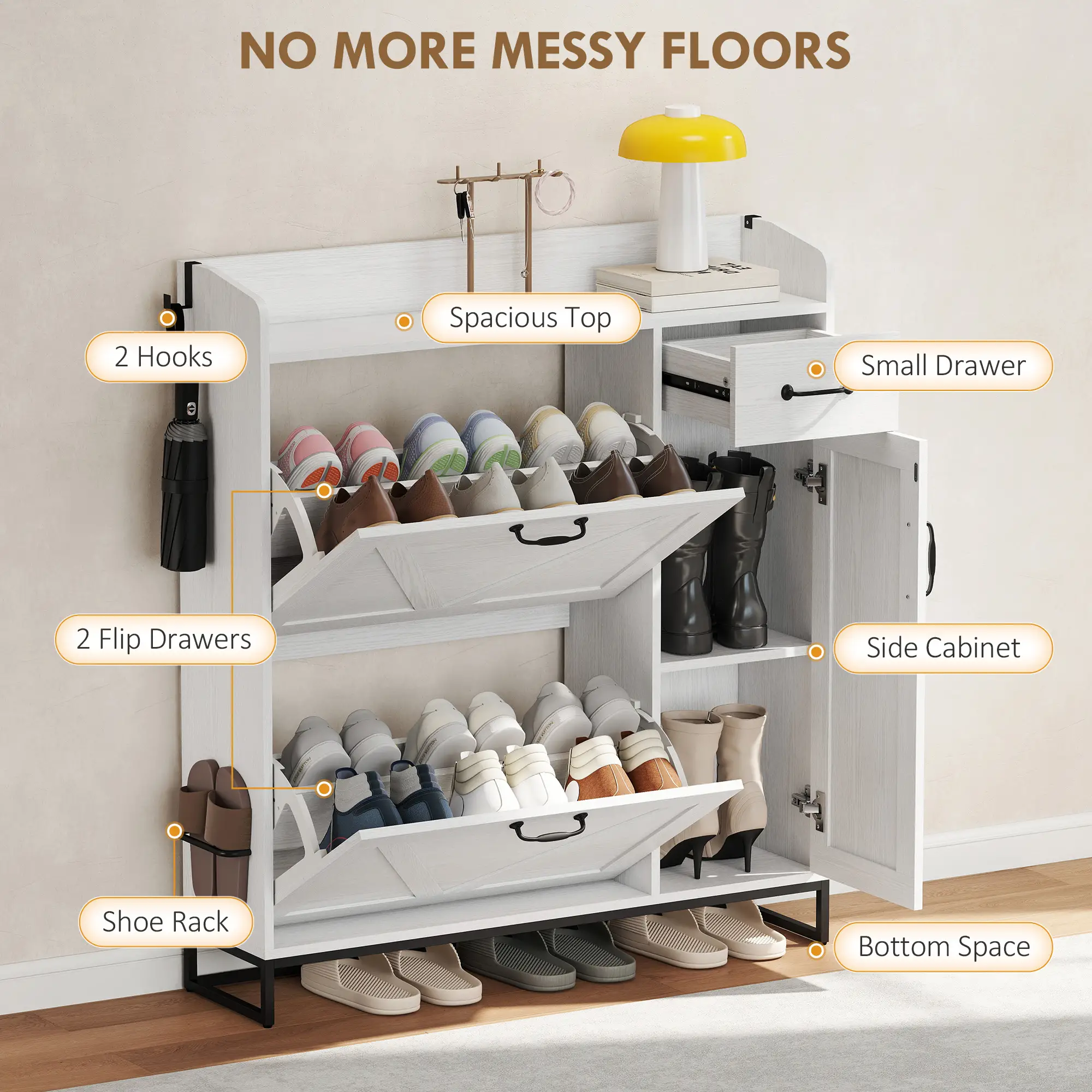 Farmhouse Shoe Storage Cabinet, Holds 12 Pairs, Adjustable Shelves, White - Image 4