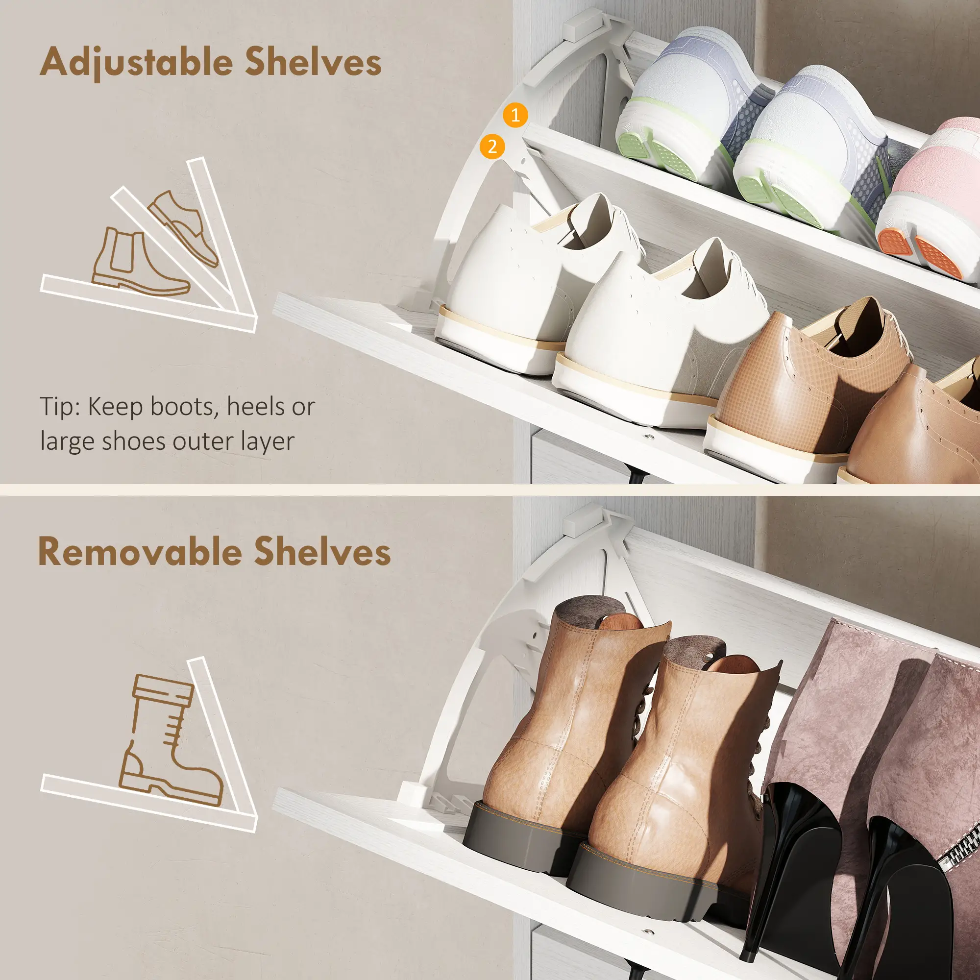 Farmhouse Shoe Storage Cabinet, Holds 12 Pairs, Adjustable Shelves, White - Image 5