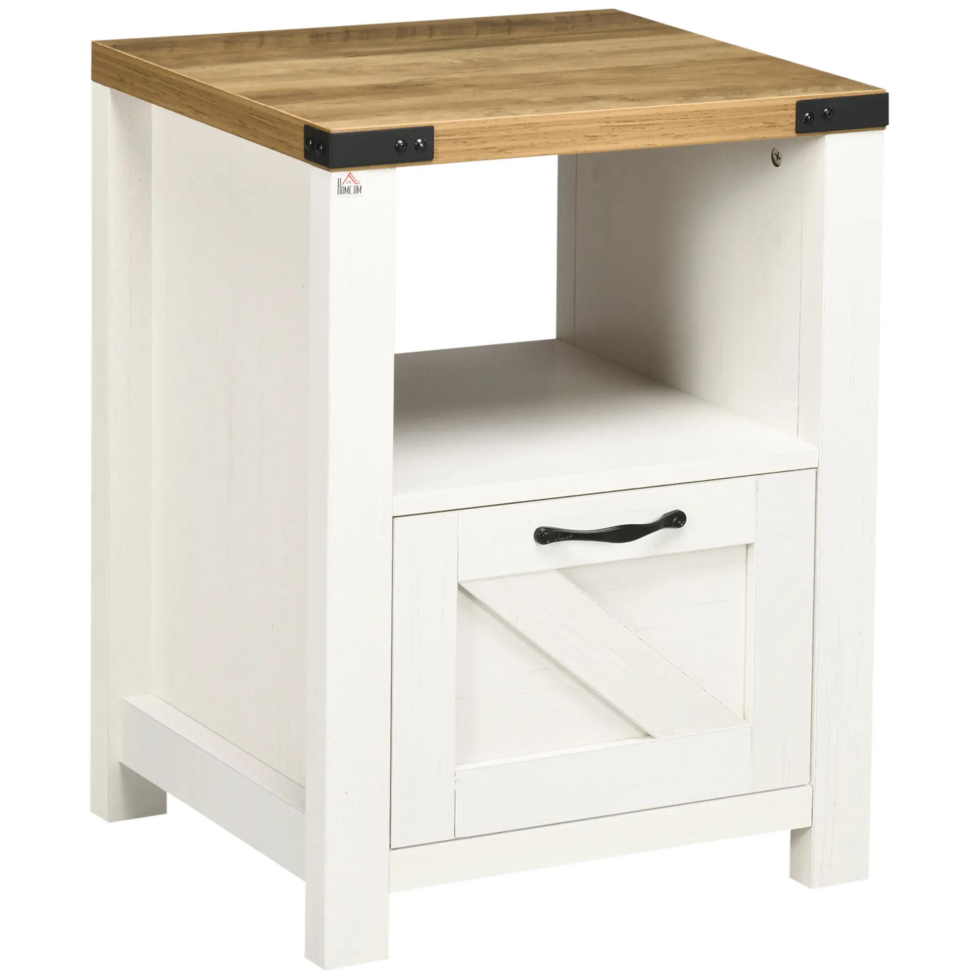 Farmhouse Side Table with Drawer, Open Shelf, White