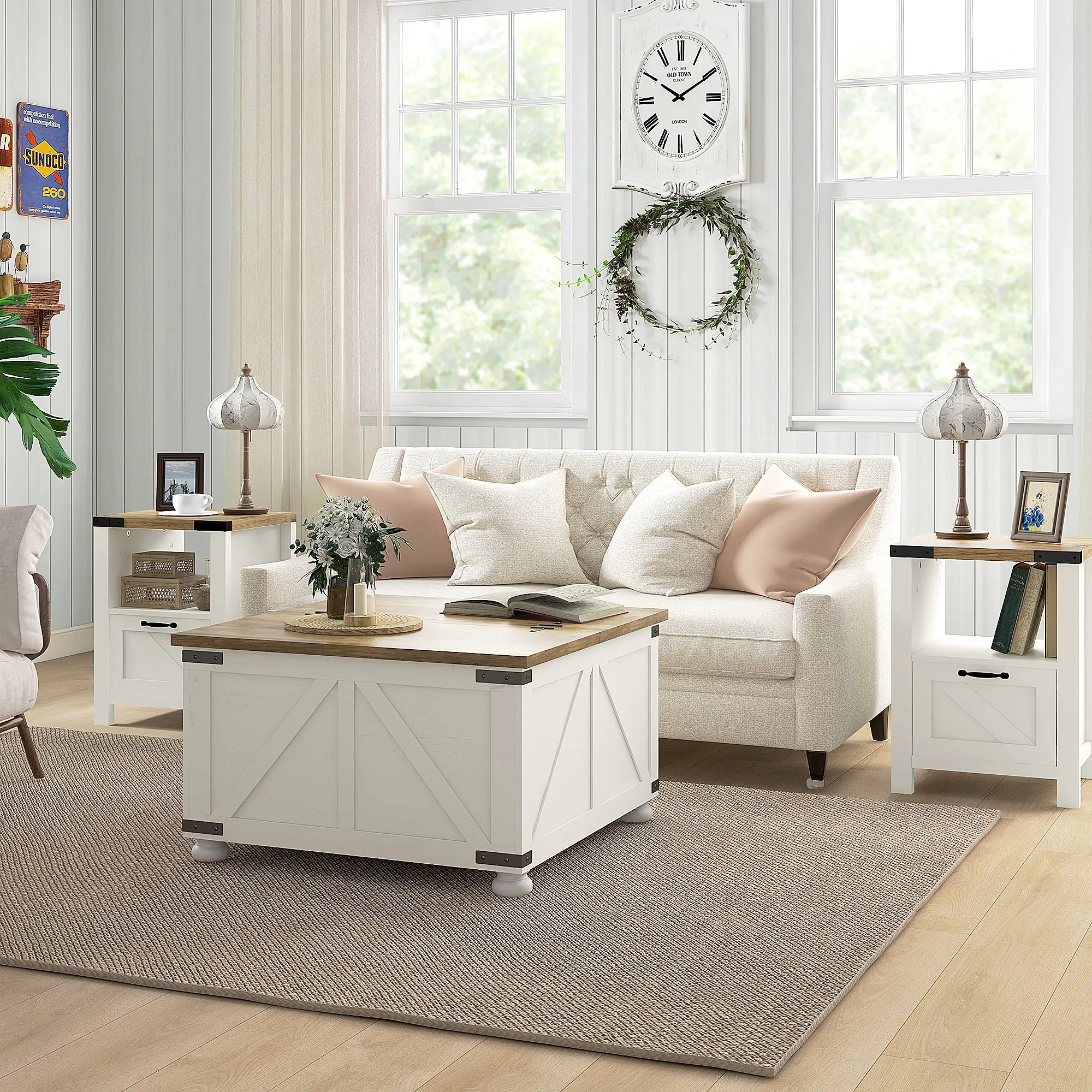 Farmhouse Side Table with Drawer, Open Shelf, White - Image 2