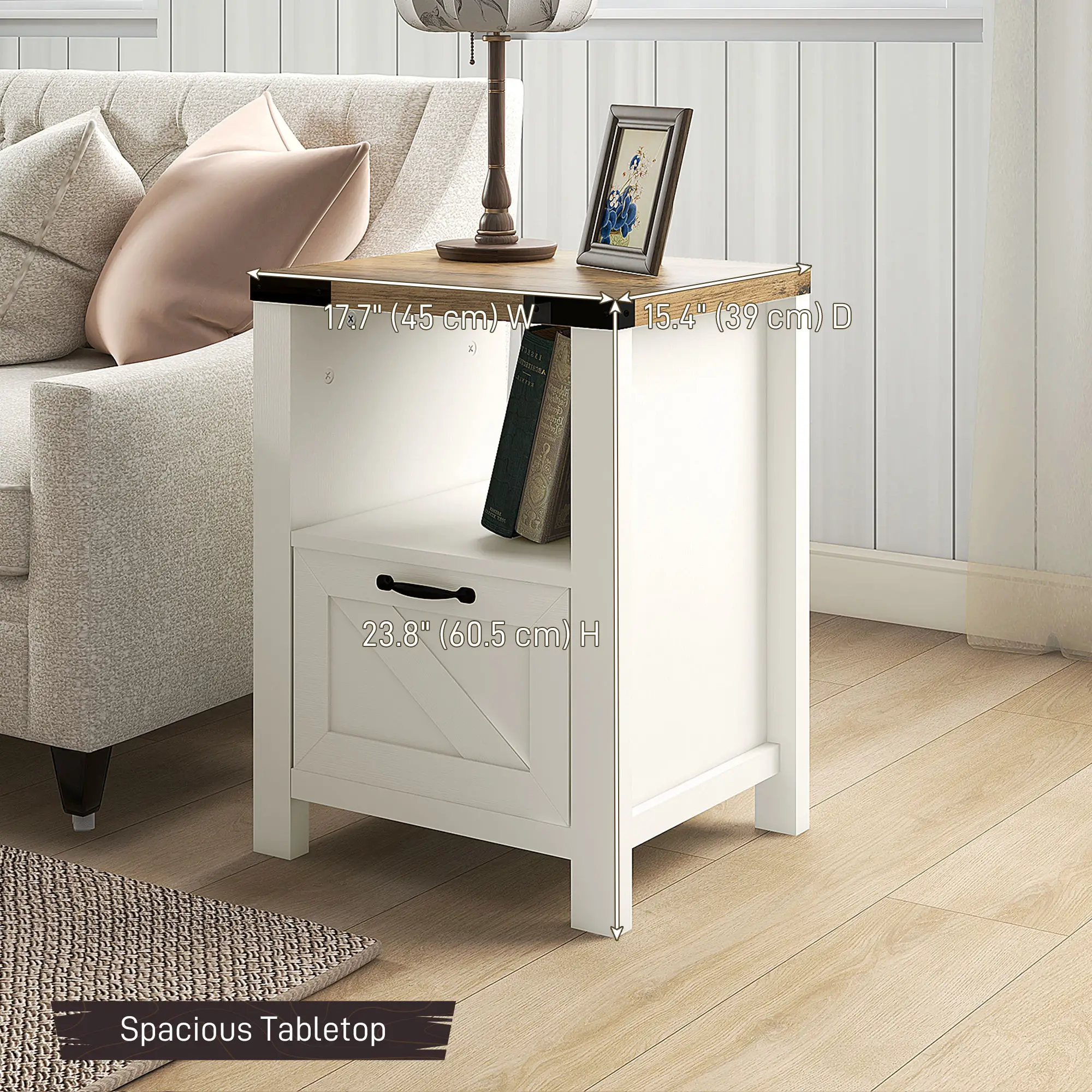 Farmhouse Side Table with Drawer, Open Shelf, White - Image 3