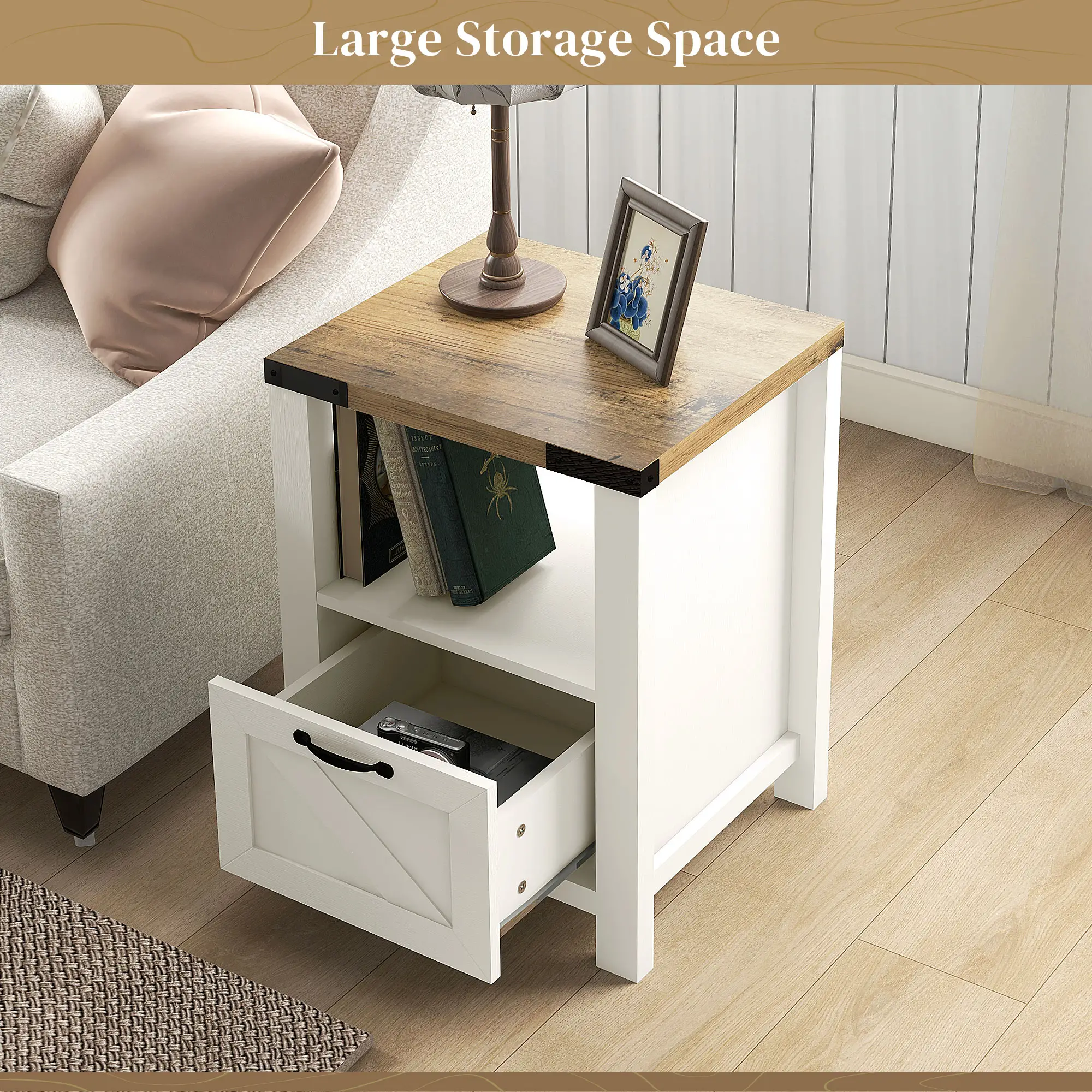 Farmhouse Side Table with Drawer, Open Shelf, White - Image 4