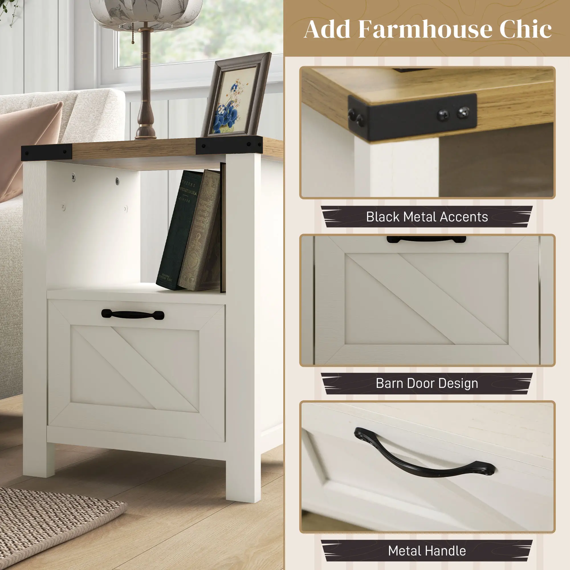 Farmhouse Side Table with Drawer, Open Shelf, White - Image 5