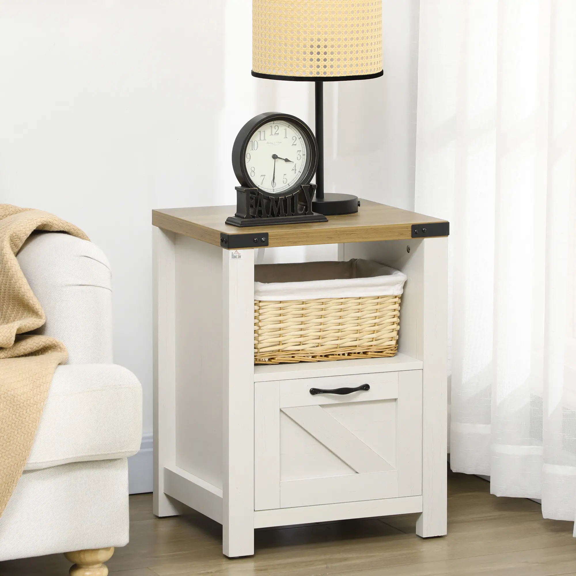 Farmhouse Side Table with Drawer, Open Shelf, White - Image 7
