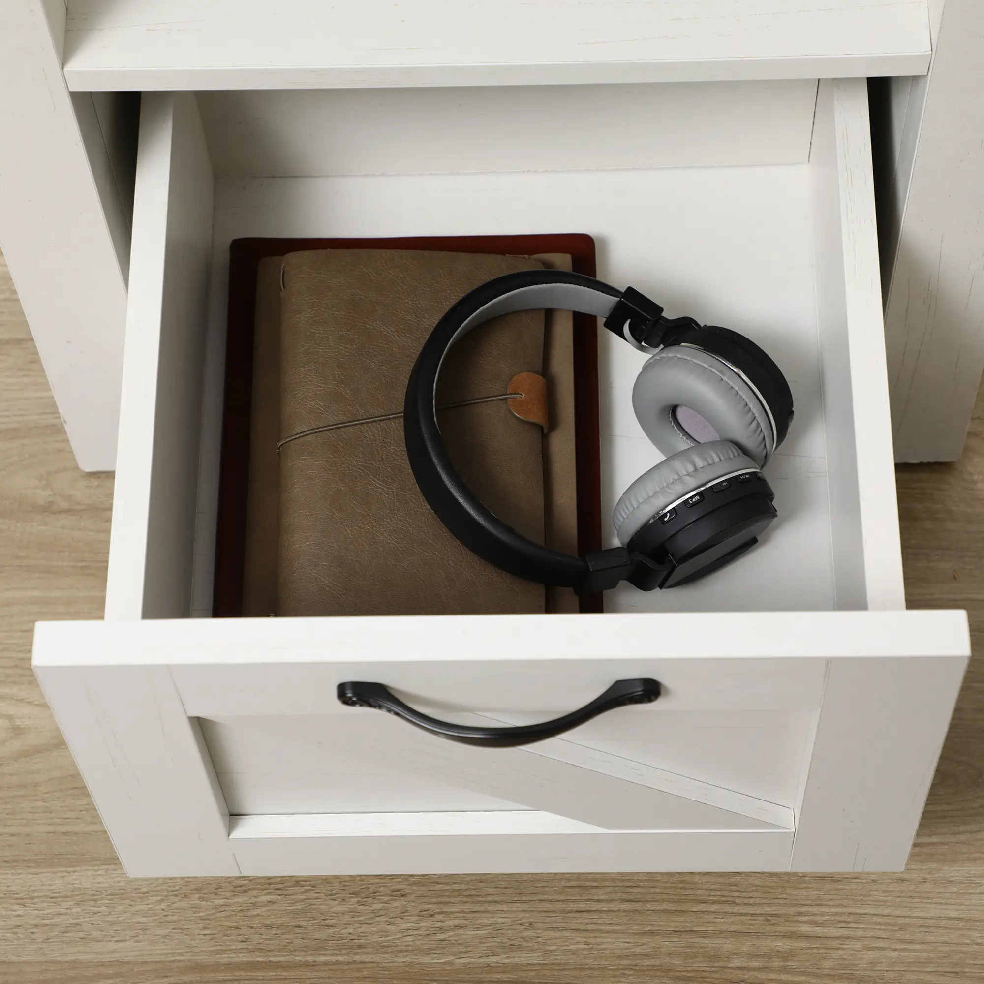 Farmhouse Side Table with Drawer, Open Shelf, White - Image 9