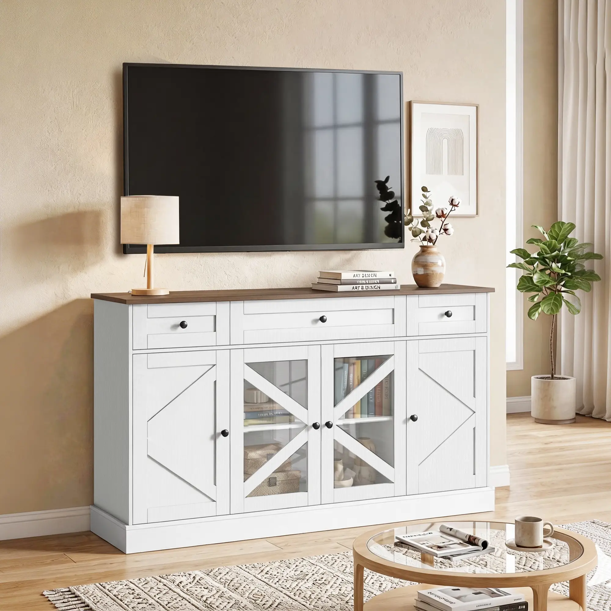 Farmhouse Sideboard Buffet Cabinet, 54", White Wood Grain - Image 10