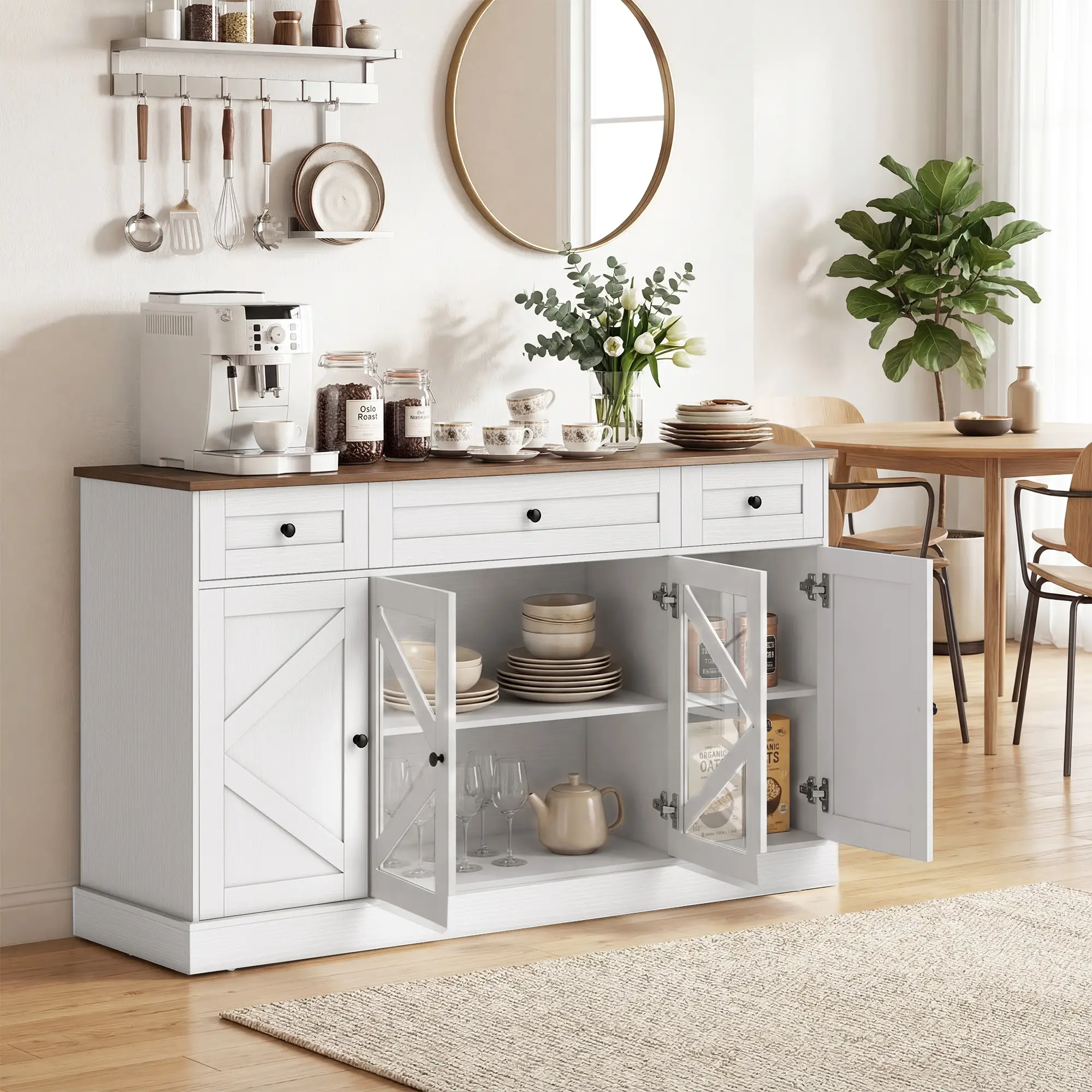 Farmhouse Sideboard Buffet Cabinet, 54", White Wood Grain - Image 2