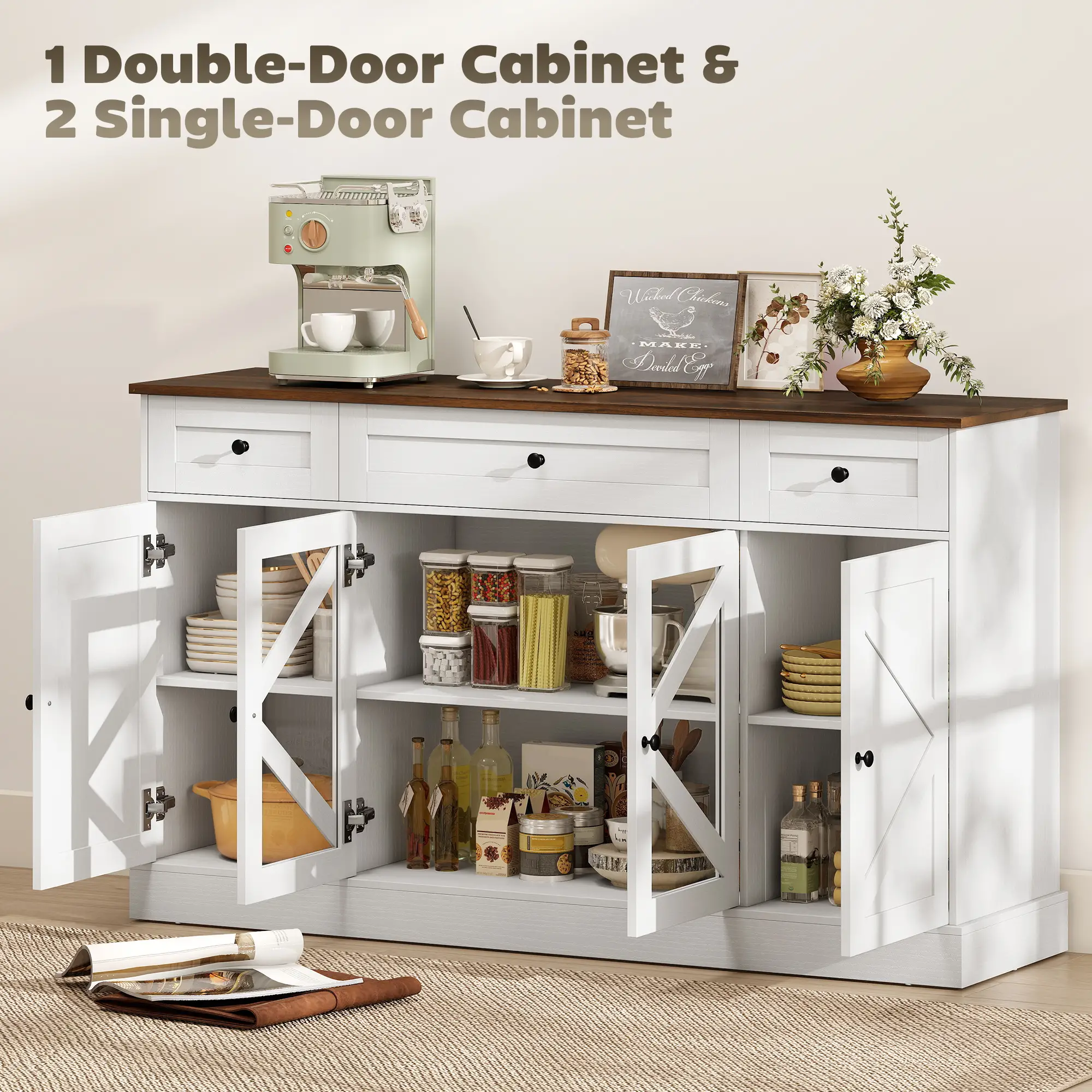 Farmhouse Sideboard Buffet Cabinet, 54", White Wood Grain - Image 4