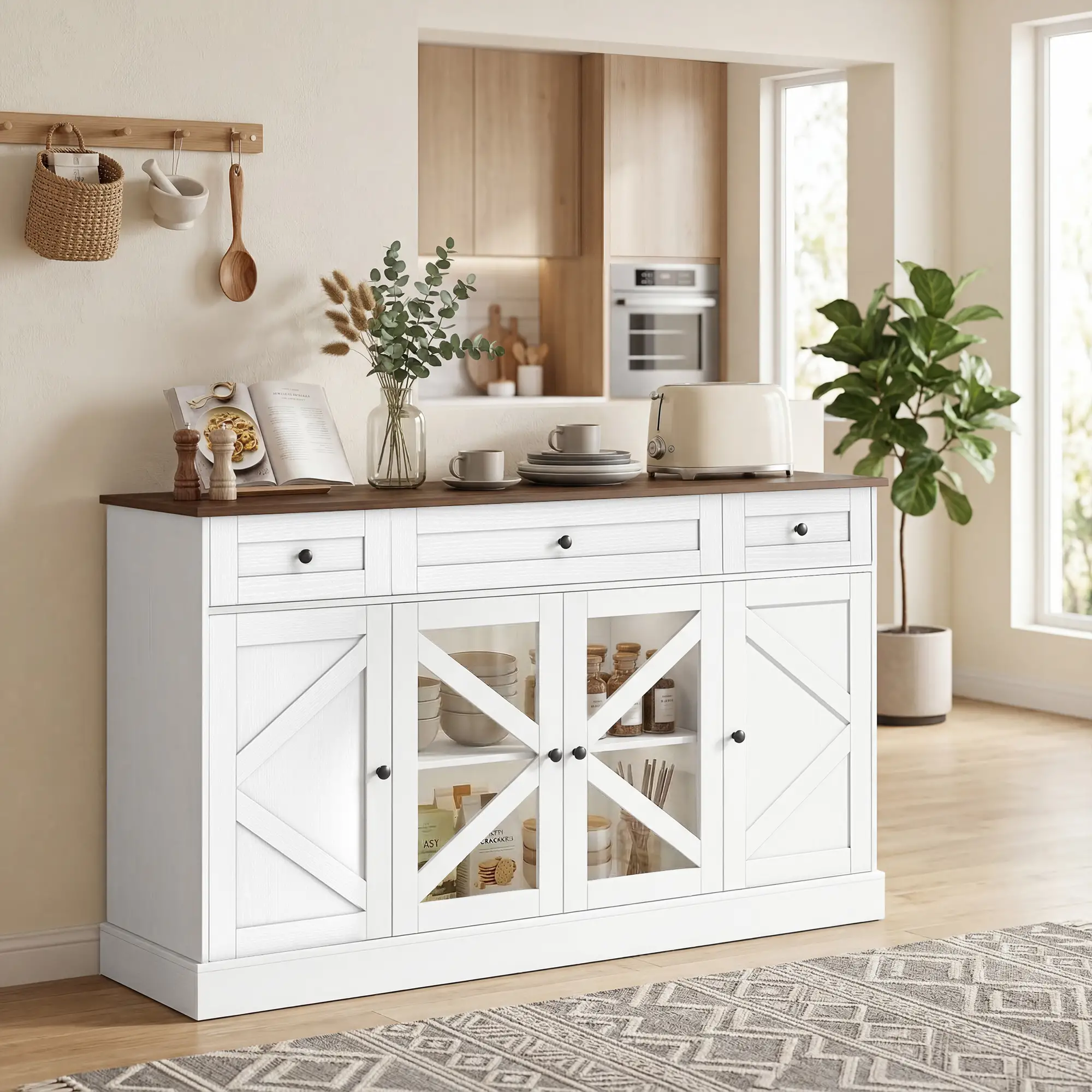 Farmhouse Sideboard Buffet Cabinet, 54", White Wood Grain - Image 8