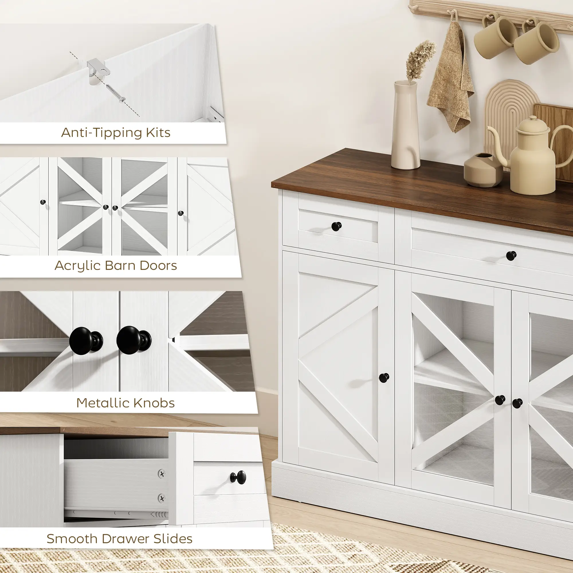 Farmhouse Sideboard Buffet Cabinet, 54", White Wood Grain - Image 9