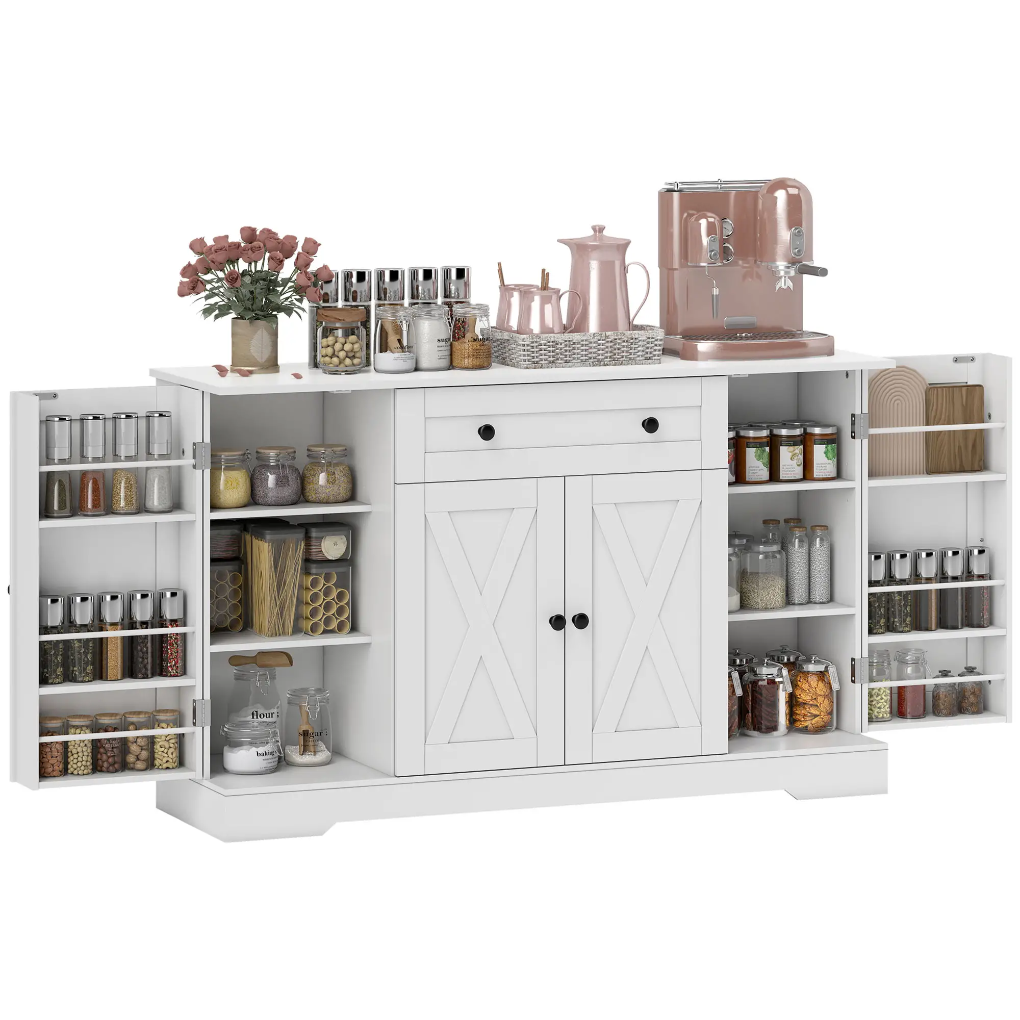 Farmhouse Sideboard Buffet Cabinet, Adjustable Shelves, Barn Doors, White - Image 10
