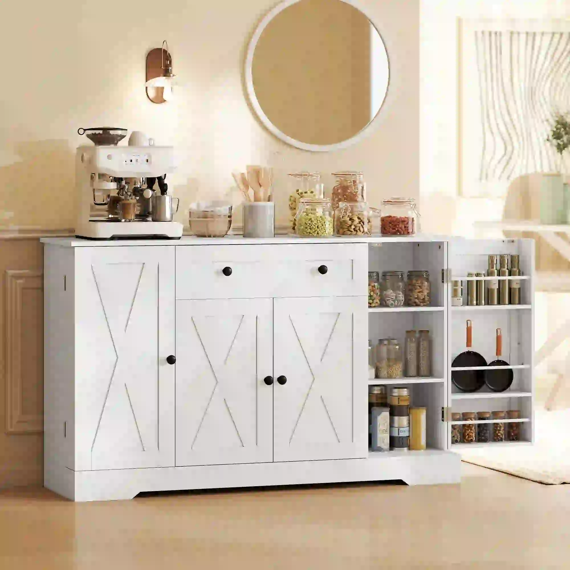 Farmhouse Sideboard Buffet Cabinet, Adjustable Shelves, Barn Doors, White - Image 2