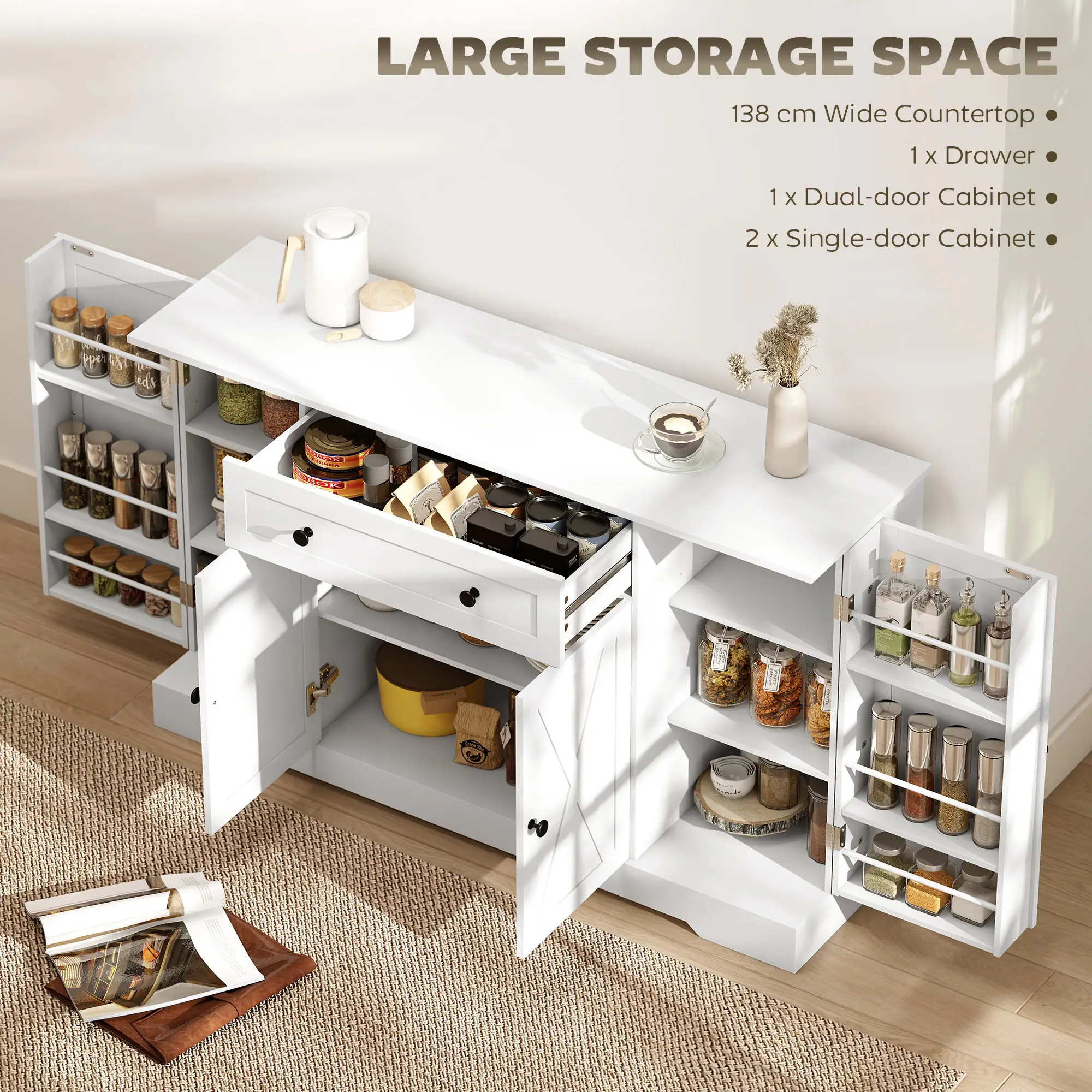 Farmhouse Sideboard Buffet Cabinet, Adjustable Shelves, Barn Doors, White - Image 4