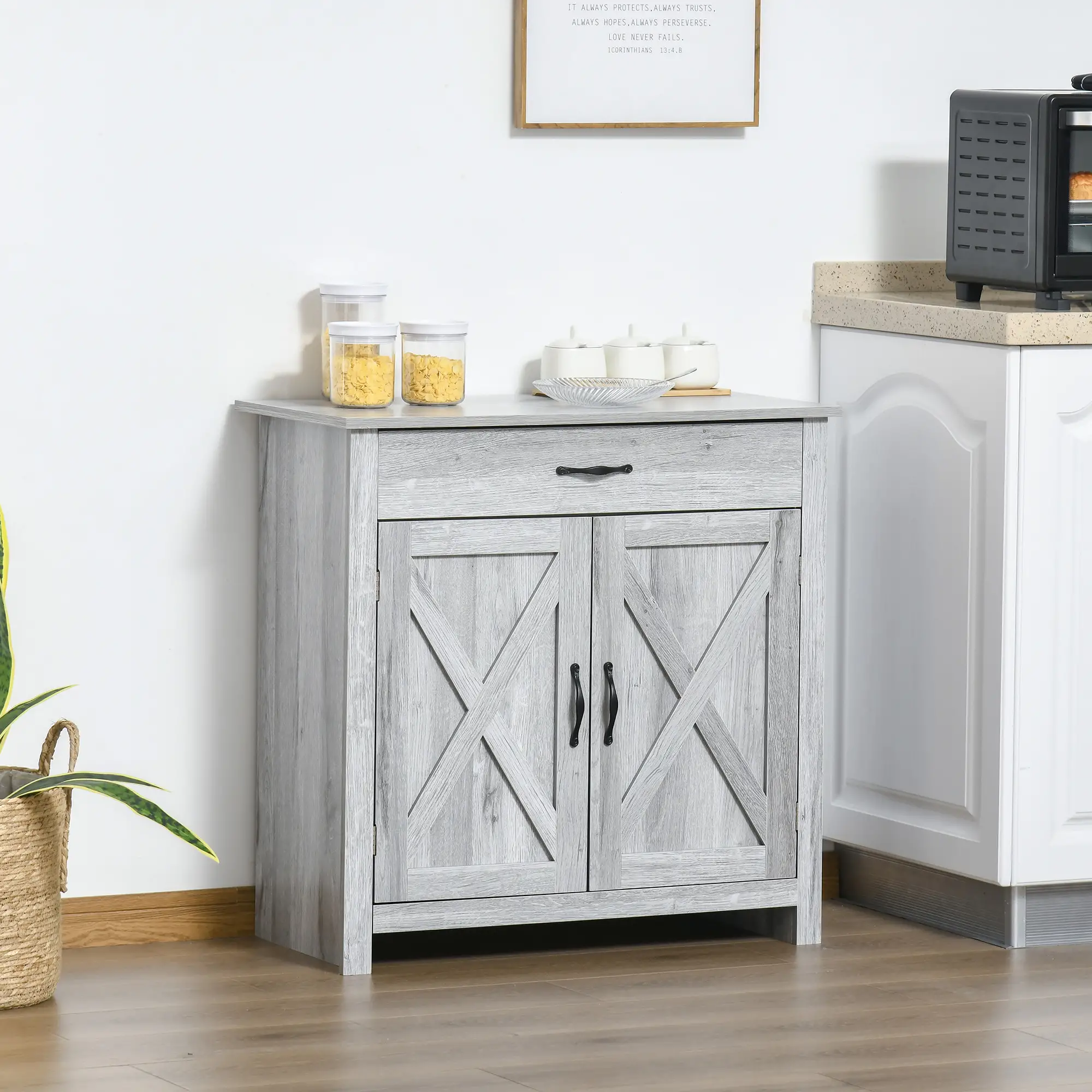 Farmhouse Sideboard Buffet Cabinet, Grey Grain, Barn Door Storage, Grey - Image 2