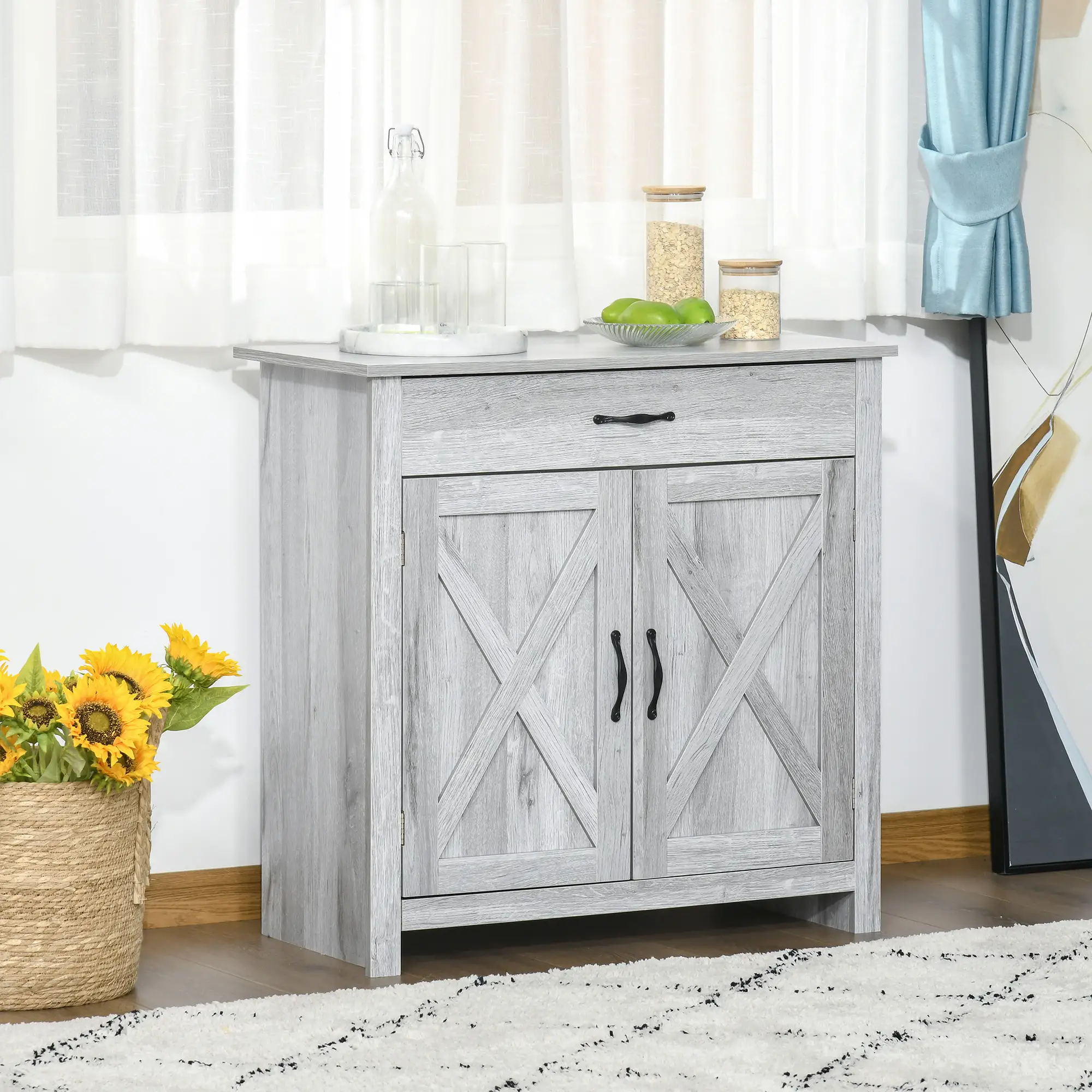 Farmhouse Sideboard Buffet Cabinet, Grey Grain, Barn Door Storage, Grey - Image 8