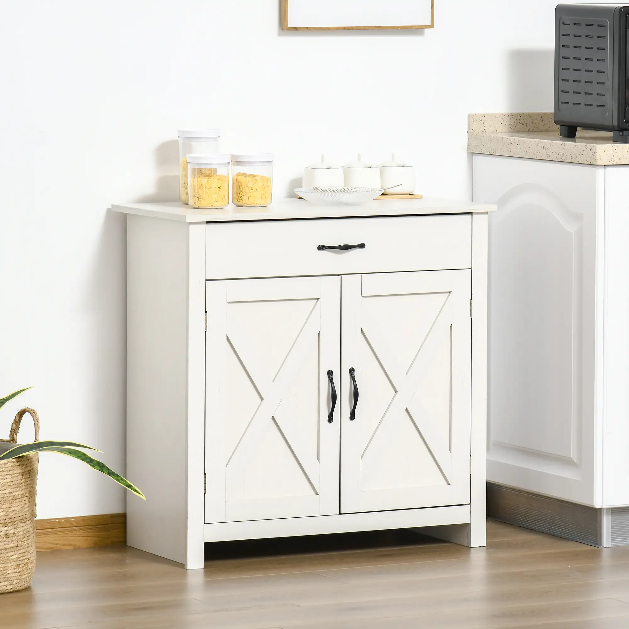 Farmhouse Sideboard Buffet, Storage Cabinet with Barn Doors, Distressed White, White - Image 2