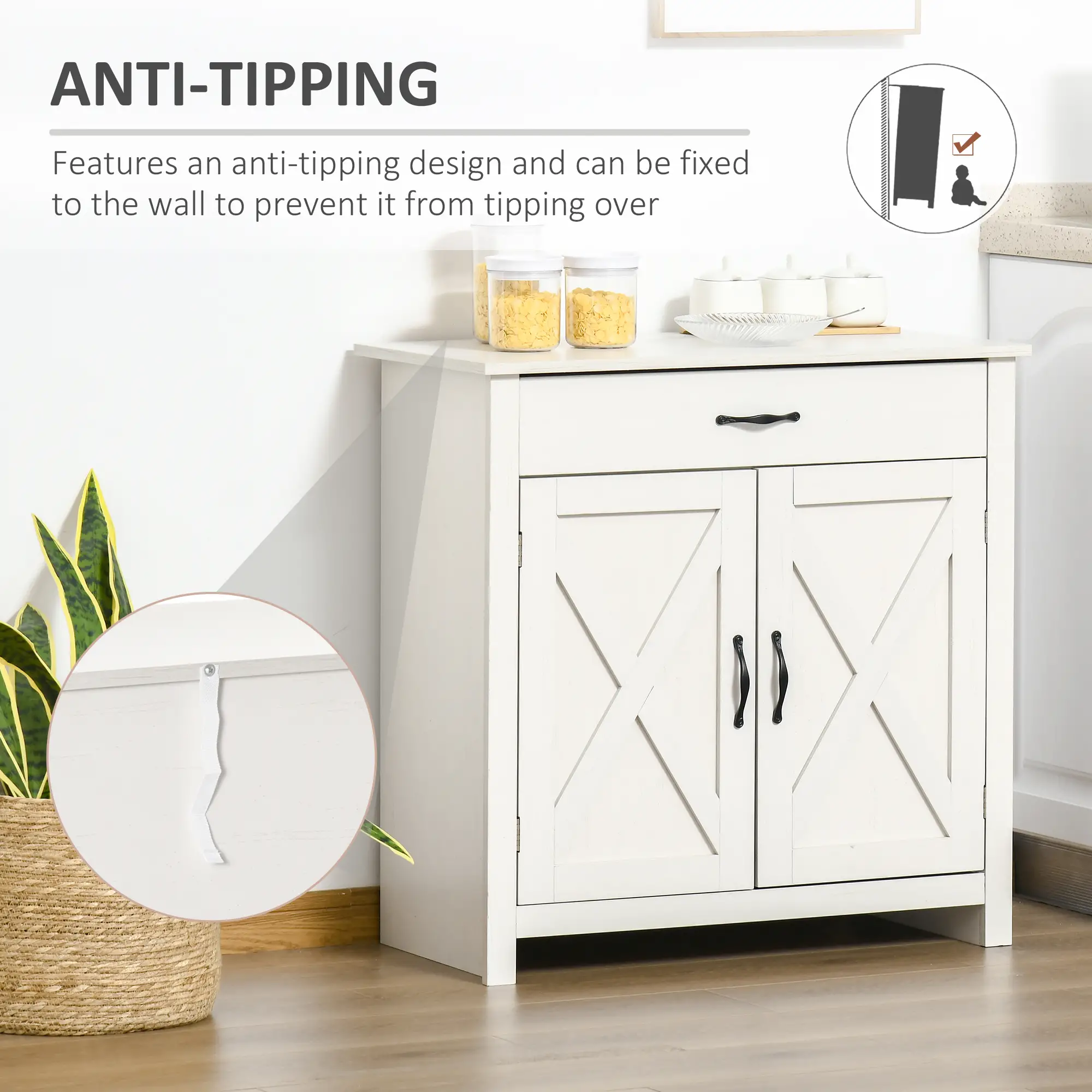 Farmhouse Sideboard Buffet, Storage Cabinet with Barn Doors, Distressed White, White - Image 6