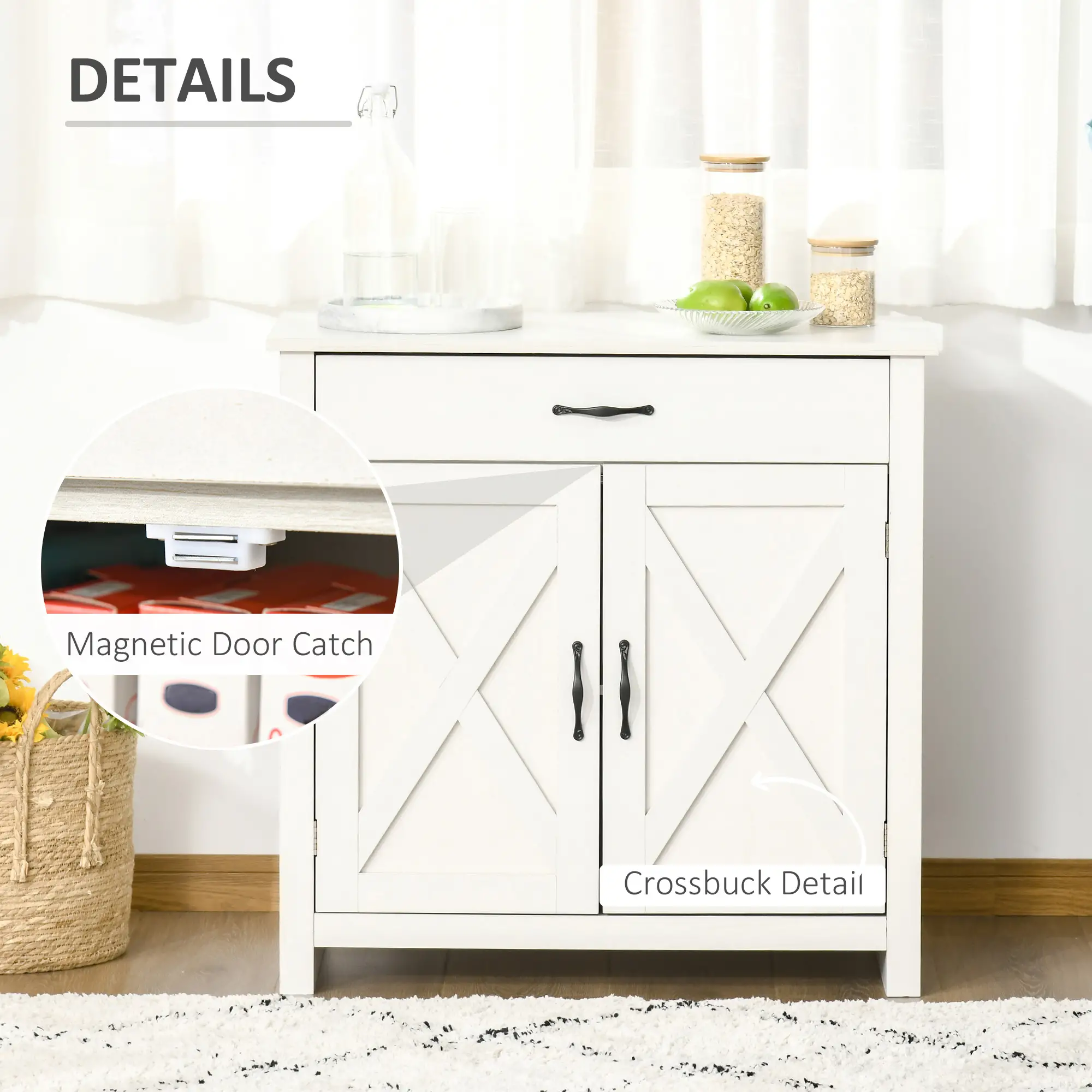 Farmhouse Sideboard Buffet, Storage Cabinet with Barn Doors, Distressed White, White - Image 7