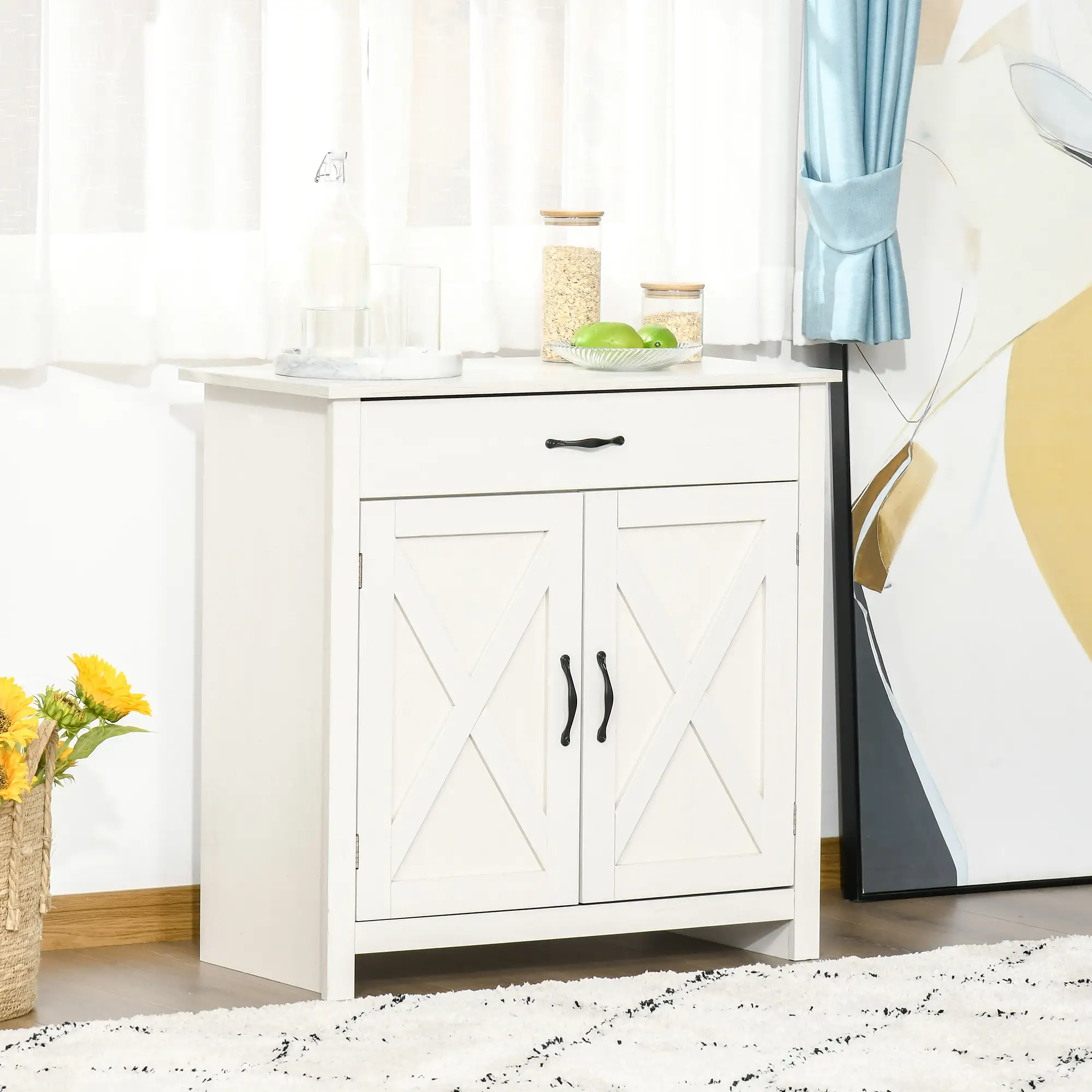 Farmhouse Sideboard Buffet, Storage Cabinet with Barn Doors, Distressed White, White - Image 8