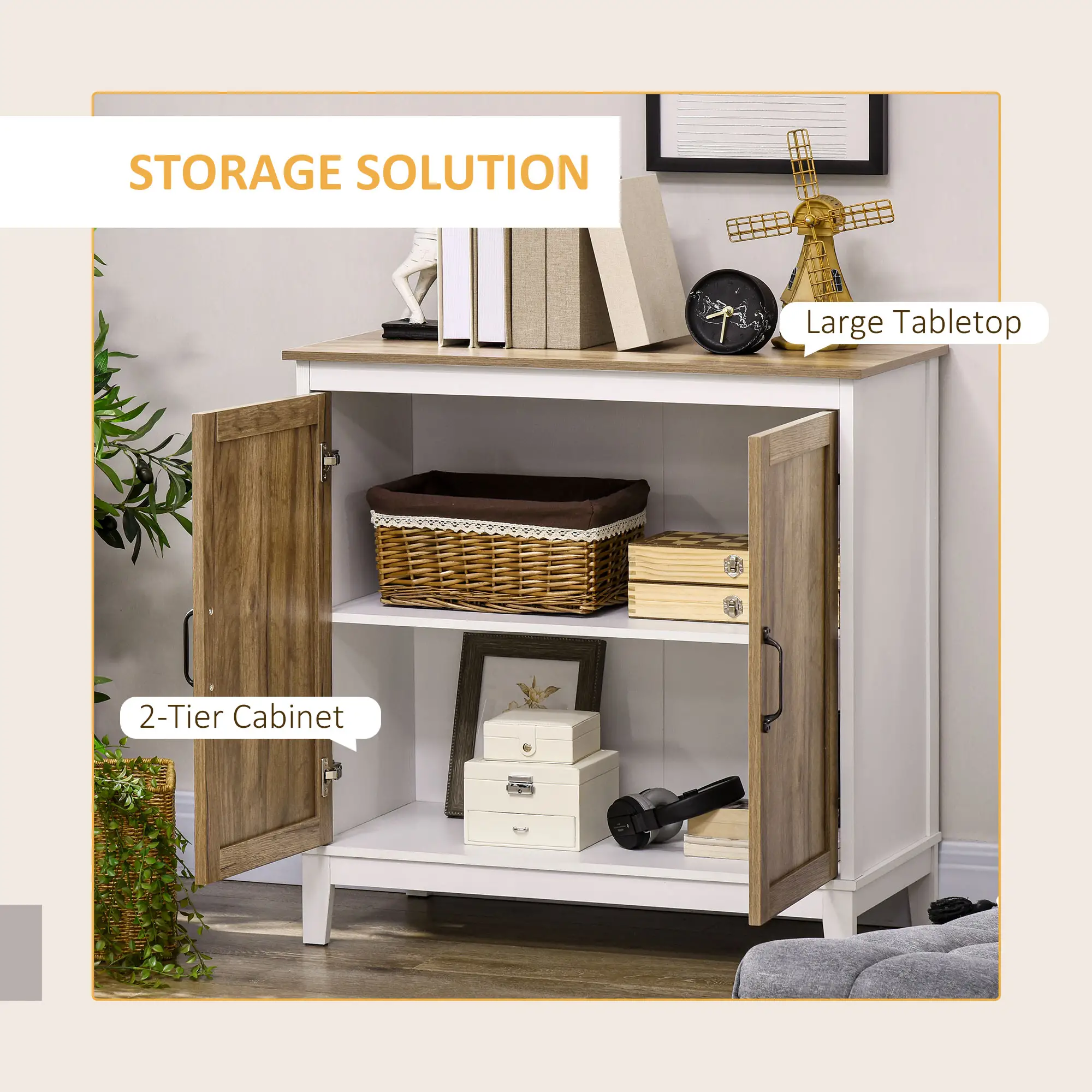 Farmhouse Sideboard, Storage Cabinet, 2 Doors, Shelves, 30.9" x 15.4" x 30.9", Dark Oak - Image 4