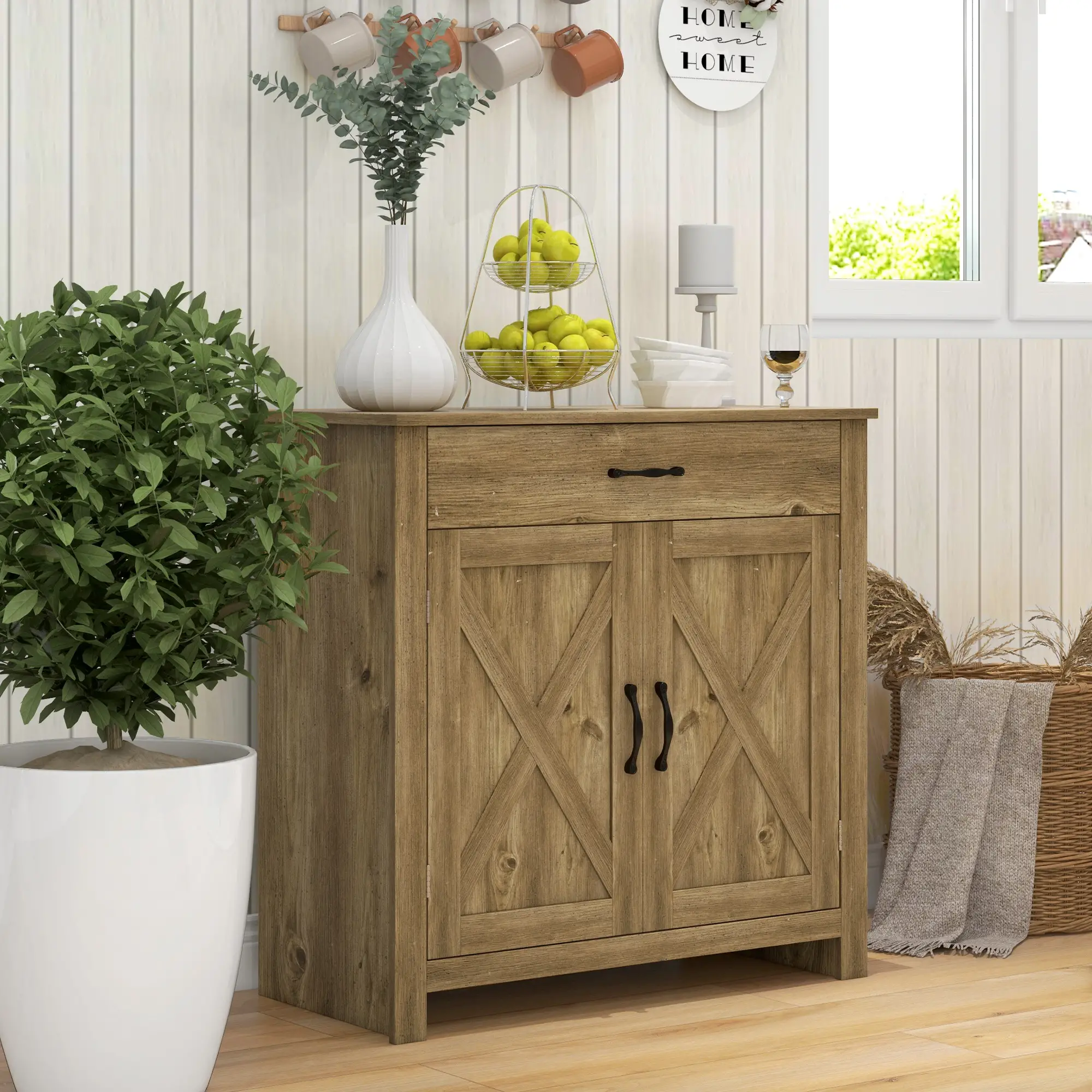 Farmhouse Sideboard, Storage Cabinet with Barn Doors, Nature Wood - Image 8