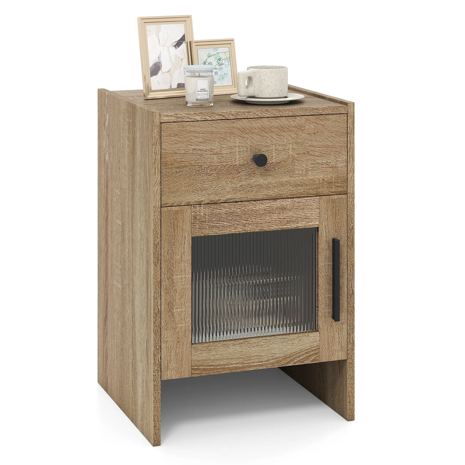 Farmhouse Sofa Side Table, Drawer And Cabinet, Antique Brush, Natural, White