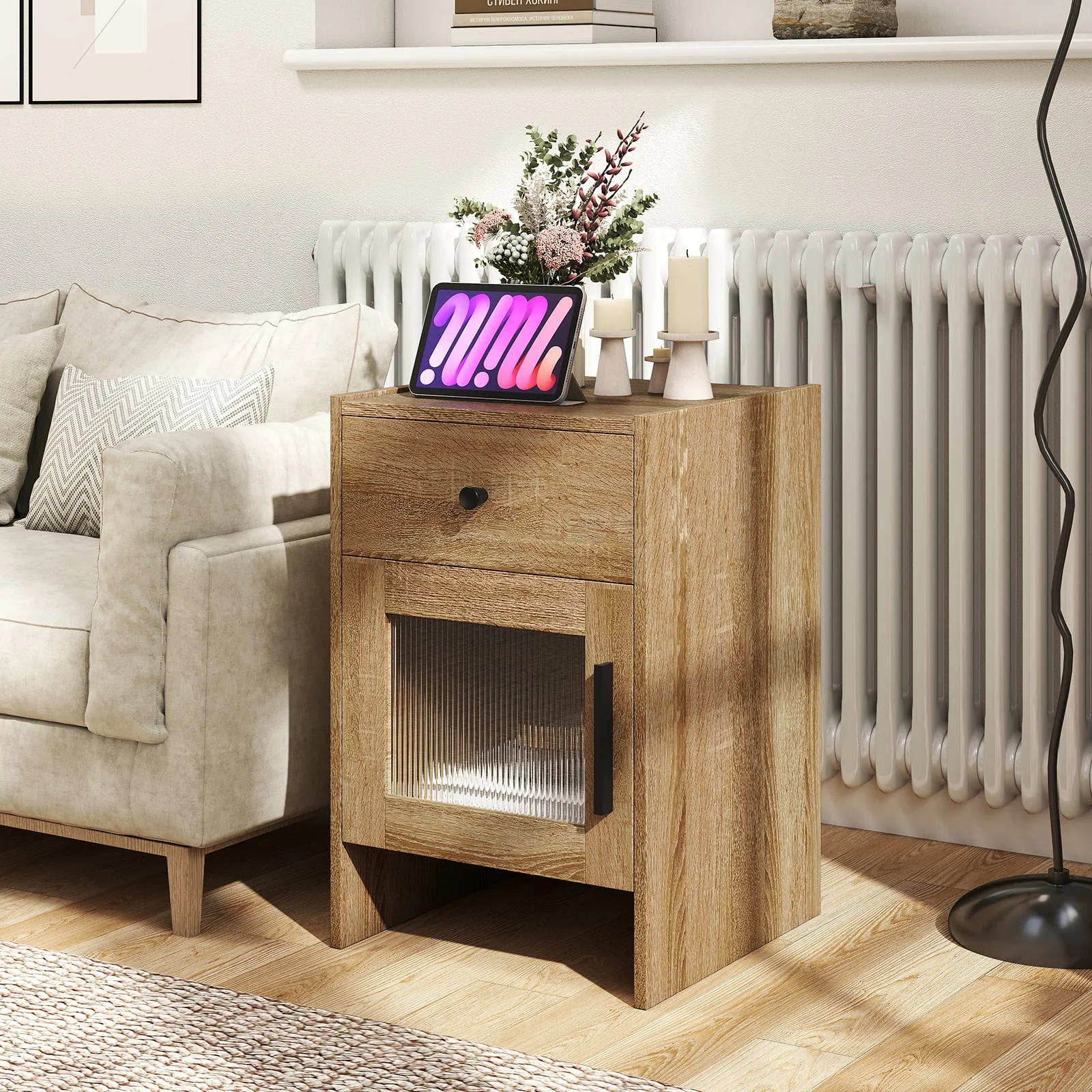 Farmhouse Sofa Side Table, Drawer And Cabinet, Antique Brush, Natural, White - Image 3