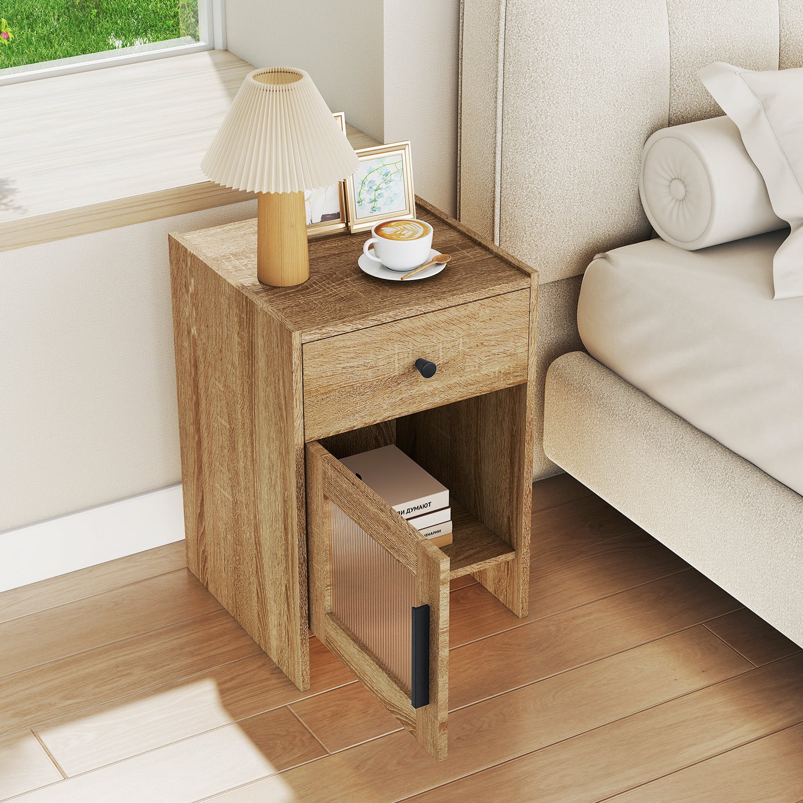 Farmhouse Sofa Side Table, Drawer And Cabinet, Antique Brush, Natural, White - Image 7