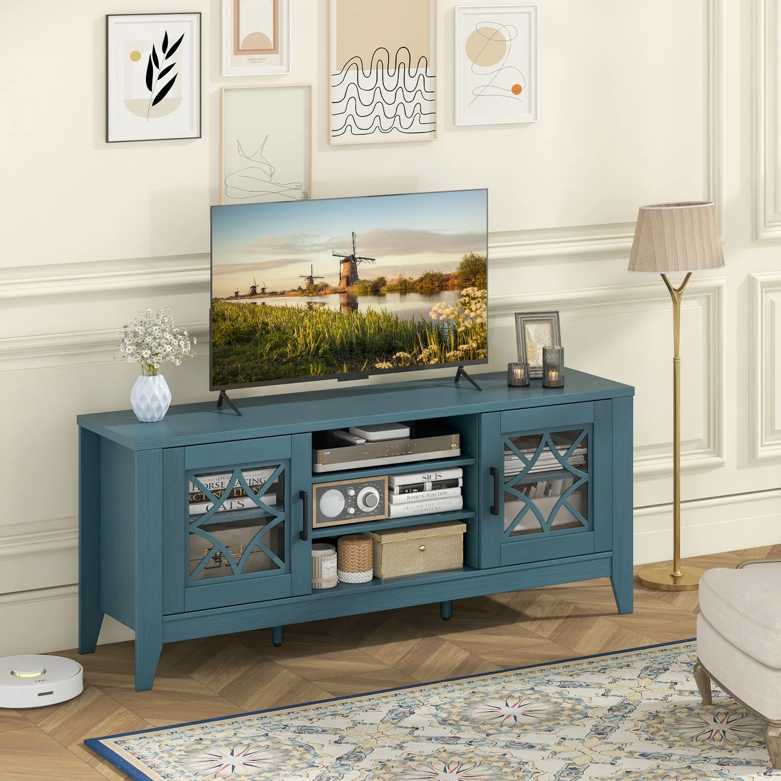 Farmhouse TV Stand For 65 Inches, 4 Adjustable Shelves, Teal Blue - Image 3