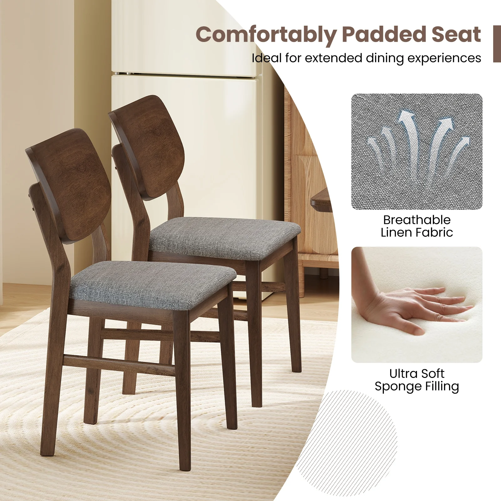 Farmhouse Upholstered Kitchen Chairs Set of 2, Rubber Wood Frame, Gray - Image 8