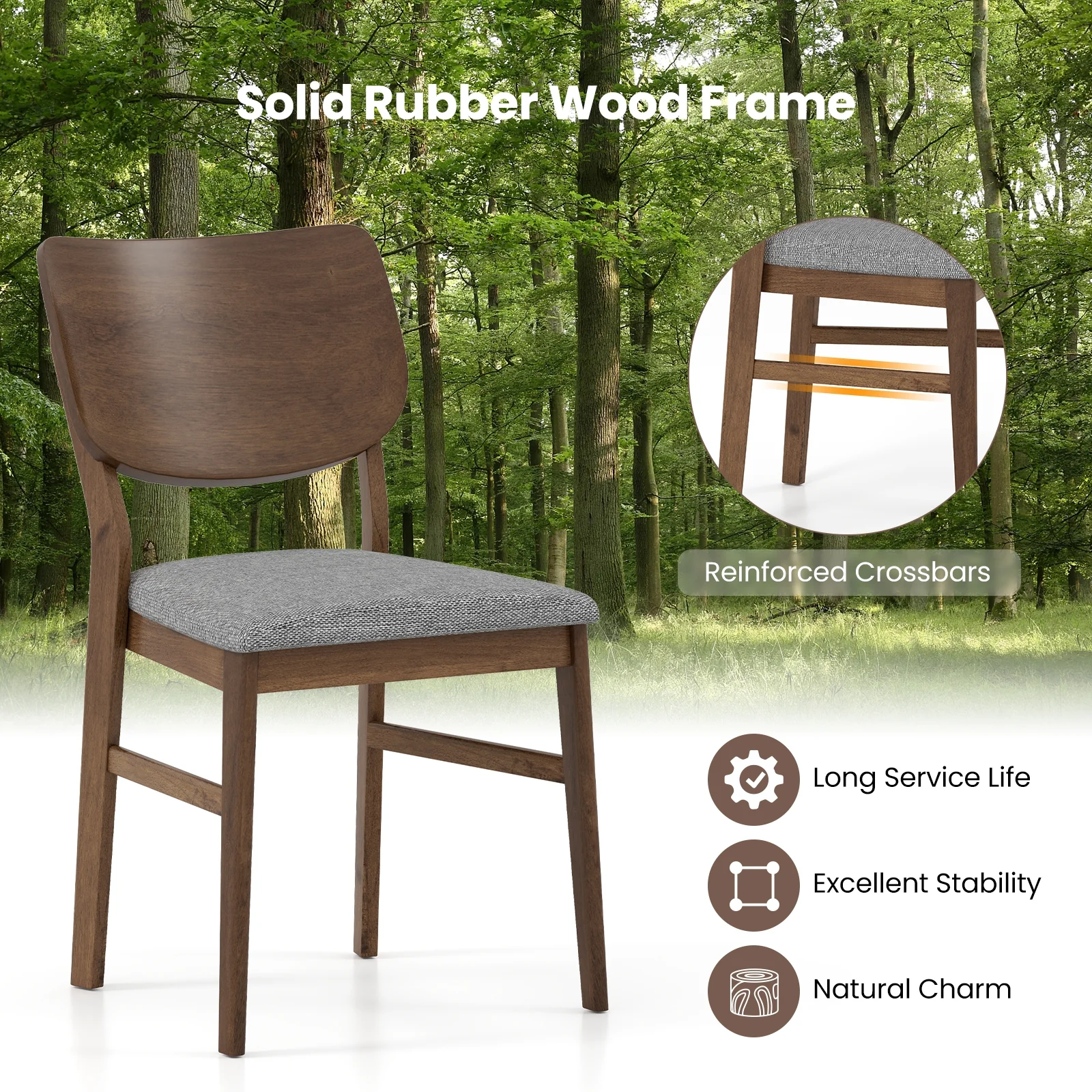 Farmhouse Upholstered Kitchen Chairs Set of 2, Rubber Wood Frame, Gray - Image 9
