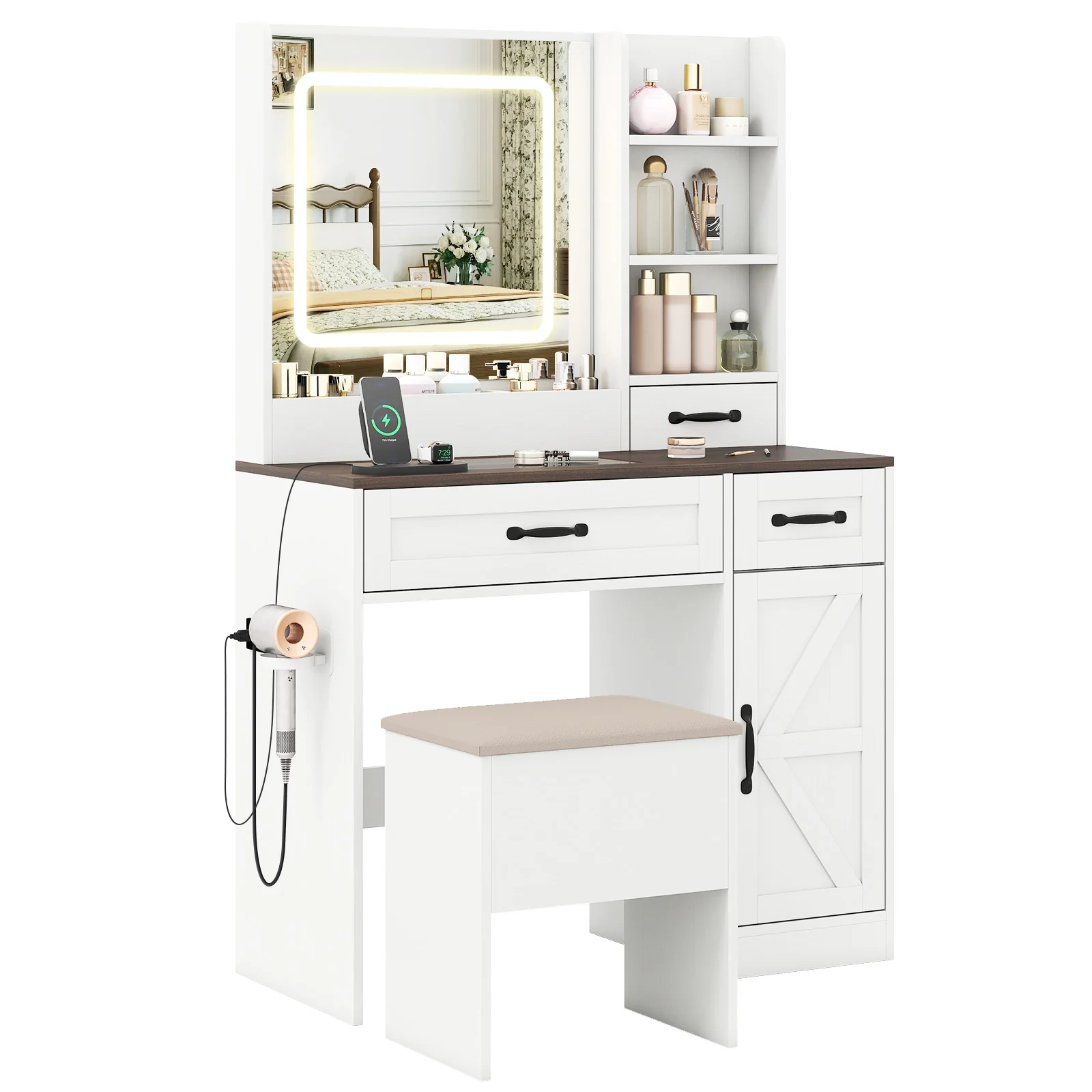 Farmhouse Vanity Desk With Mirror And Lights, White - Image 4