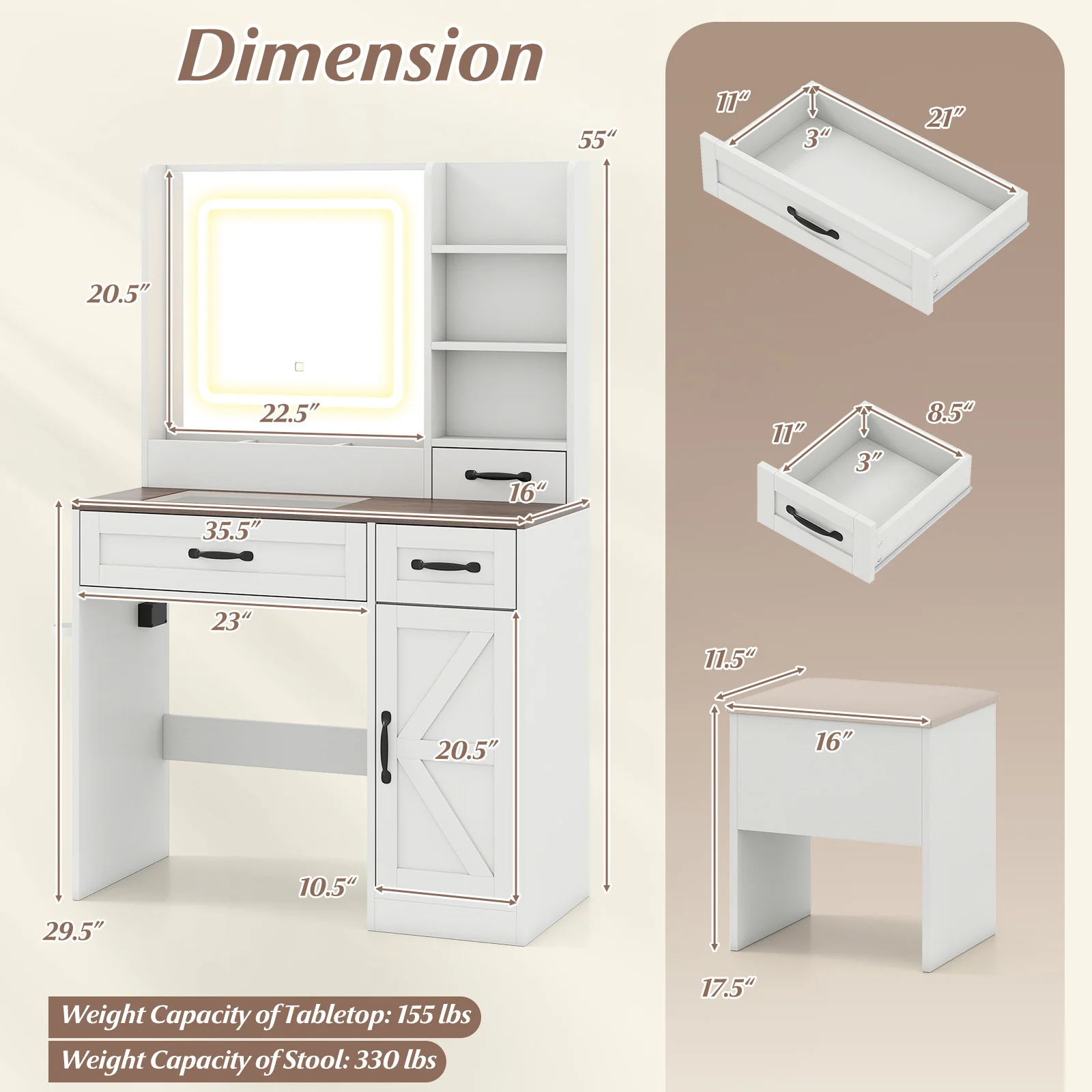Farmhouse Vanity Desk With Mirror And Lights, White - Image 5