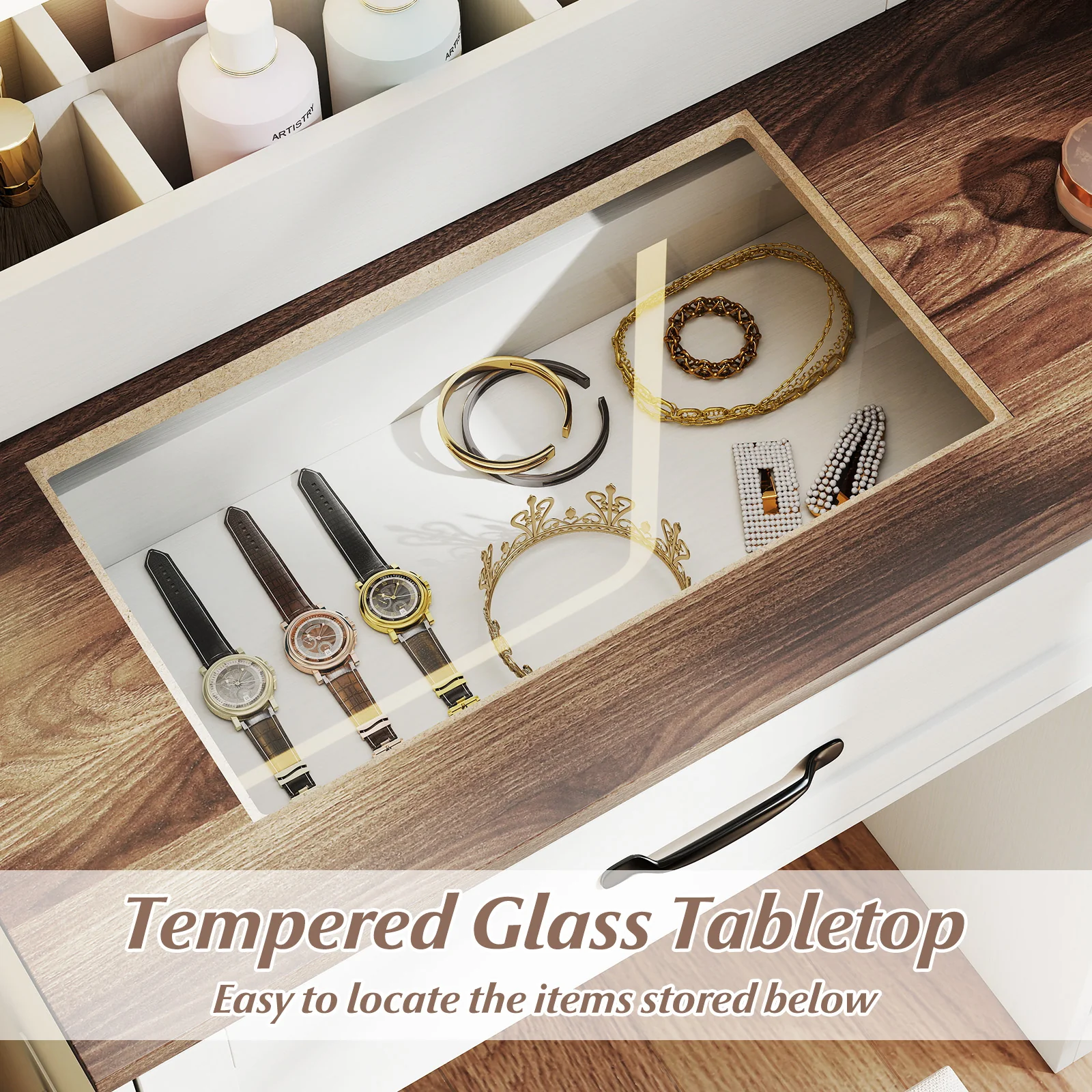 Farmhouse Vanity Desk With Mirror And Lights, White - Image 8