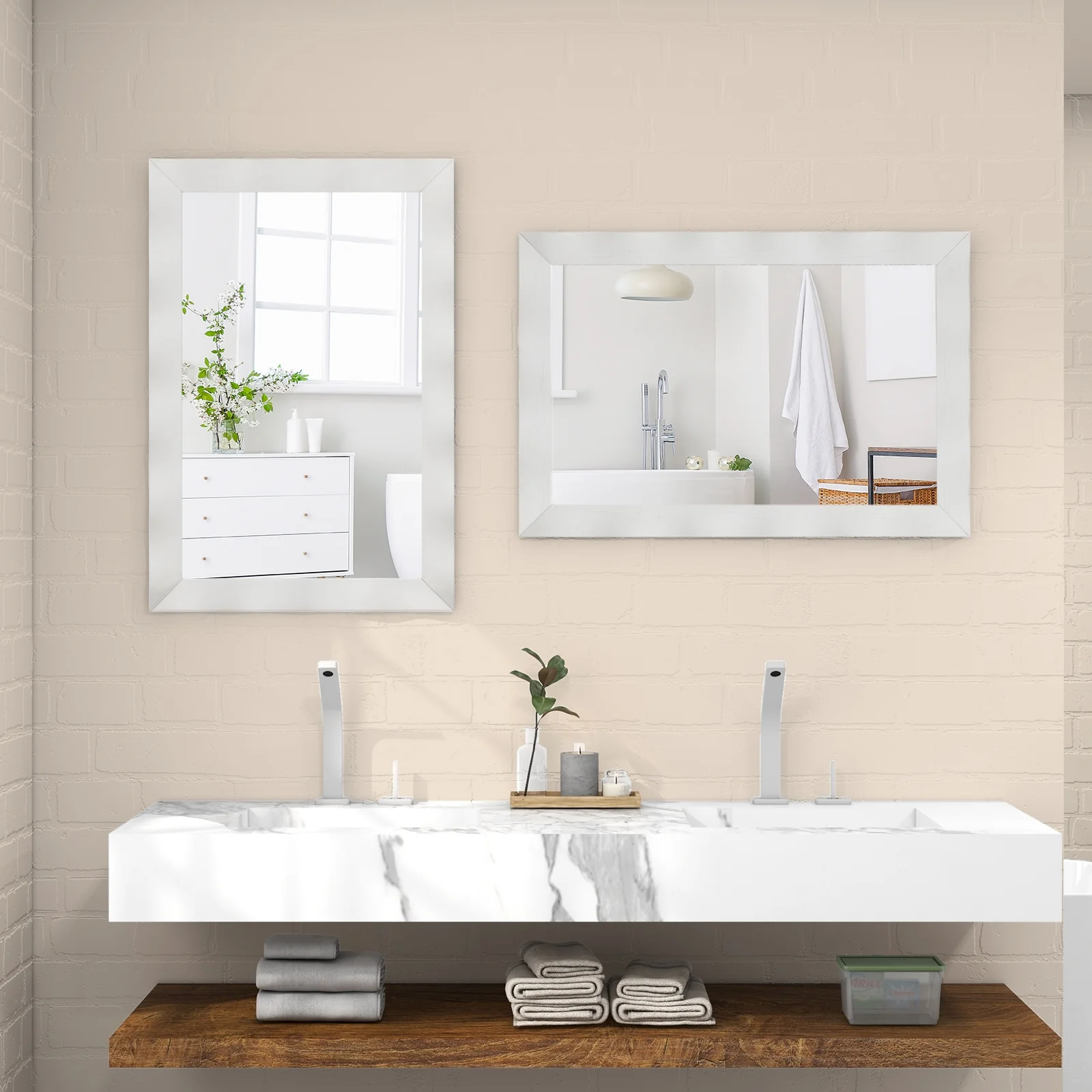 Farmhouse Wall Mirror, 41.5 x 28 Inches, Solid Wood Frame, White - Image 2