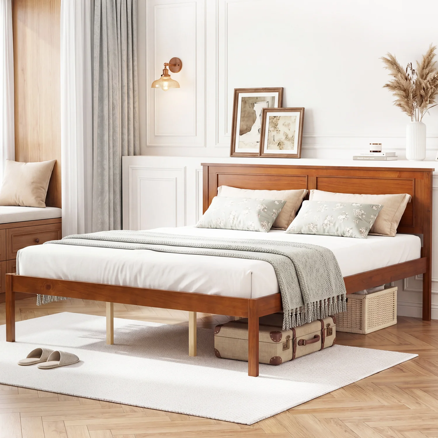 Farmhouse Wooden Platform Bed, Queen Size with Headboard - Image 2