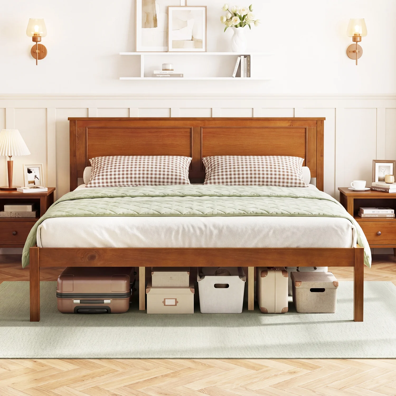 Farmhouse Wooden Platform Bed, Queen Size with Headboard - Image 3