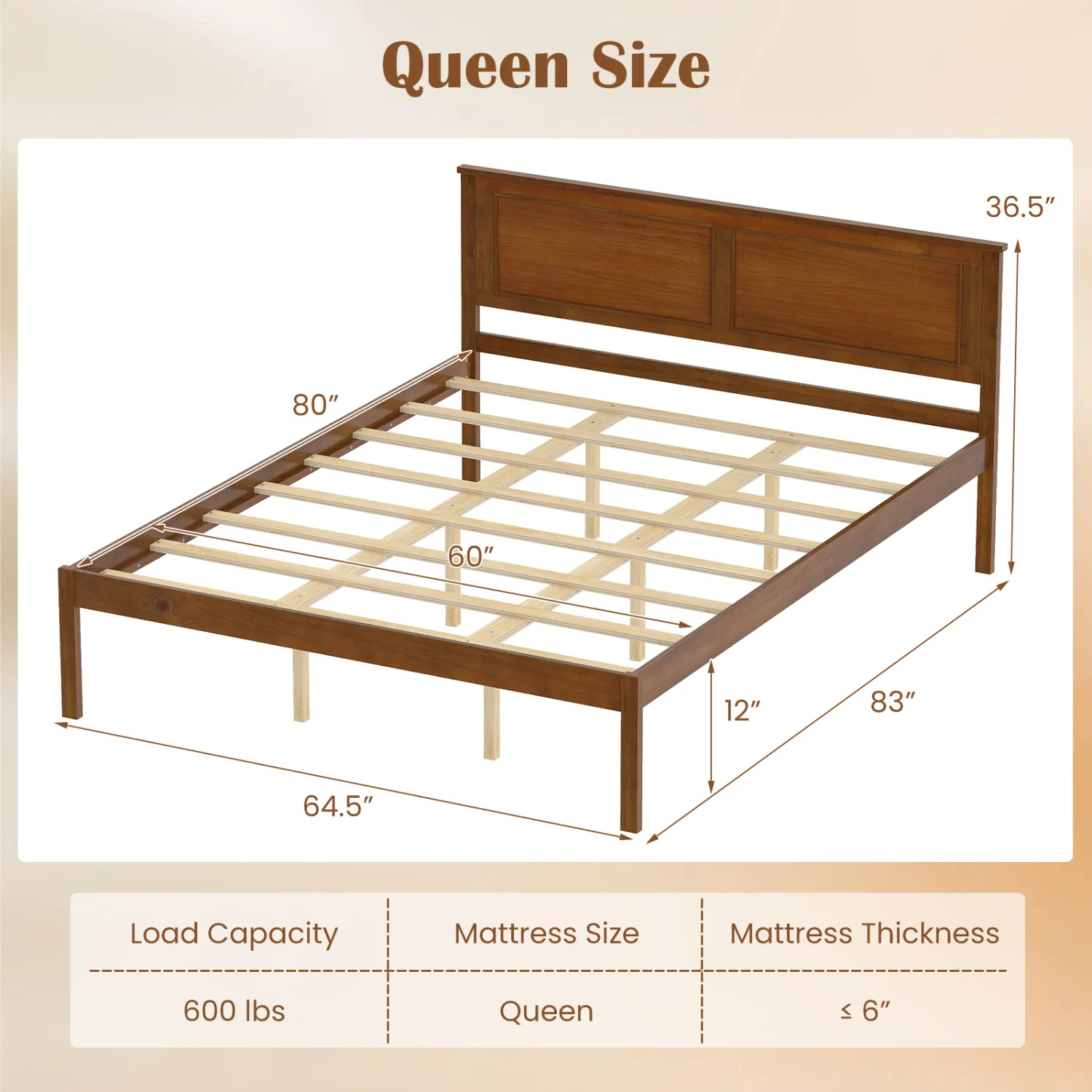 Farmhouse Wooden Platform Bed, Queen Size with Headboard - Image 4