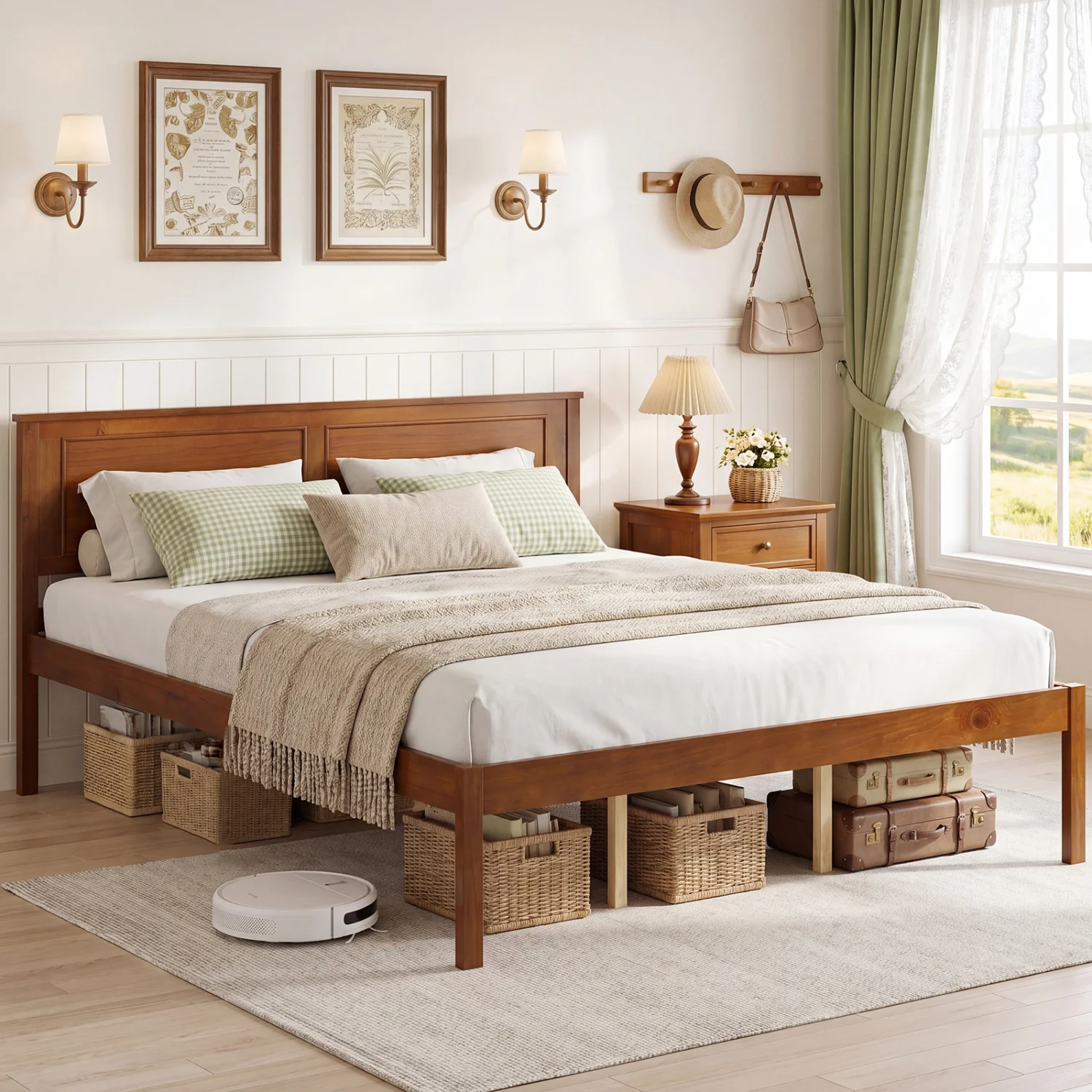 Farmhouse Wooden Platform Bed, Queen Size with Headboard - Image 5